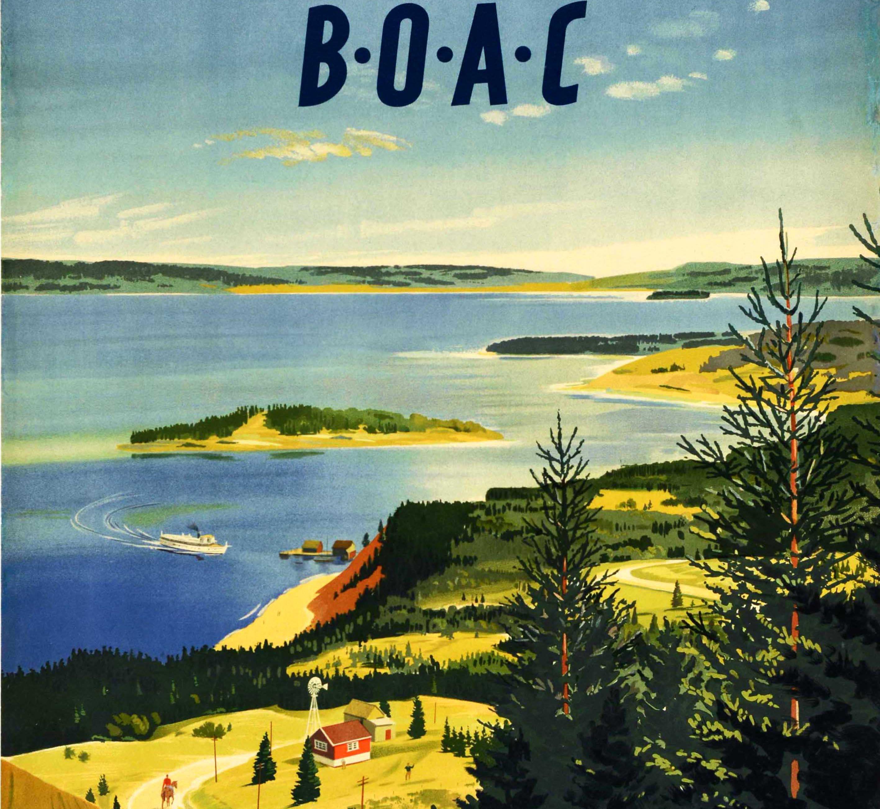 Original vintage travel poster - Fly to Canada by BOAC - featuring scenic artwork by Paul Chater (1879-1949) depicting a boat on calm blue water with an island and hills on the horizon, a sandy beach and cliff by the jetty with people walking and a