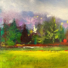 Colours of the Garden, large garden landscape painting in oil w/ bright flowers