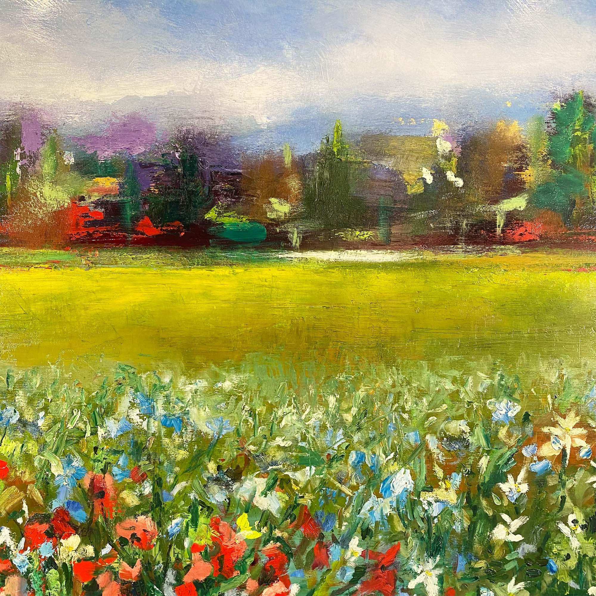 Colours of the Garden, großes Gartenlandschaftsgemälde in Öl mit leuchtenden Blumen (Grau), Landscape Painting, von Paul chester
