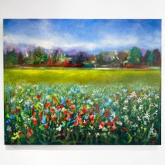 Colours of the Garden, large garden landscape painting in oil w/ bright flowers