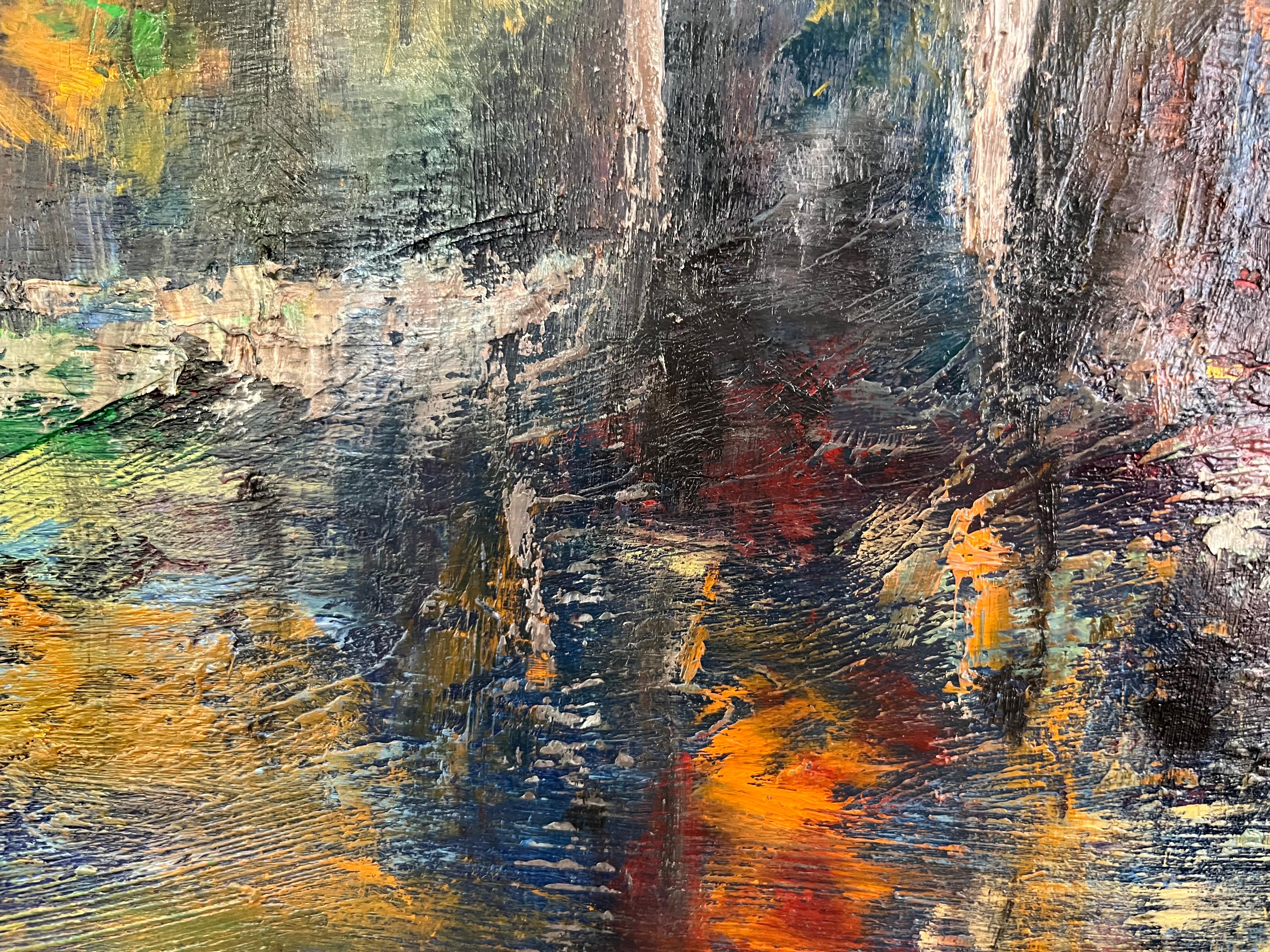 Un paysage serein peint à l'huile sur toile par l'artiste canadien Paul Chester. Vue typique d'un chalet, cette peinture aux tons chauds de bleu et d'orange est une belle représentation des lacs canadiens du nord de l'Ontario.

Utilisant