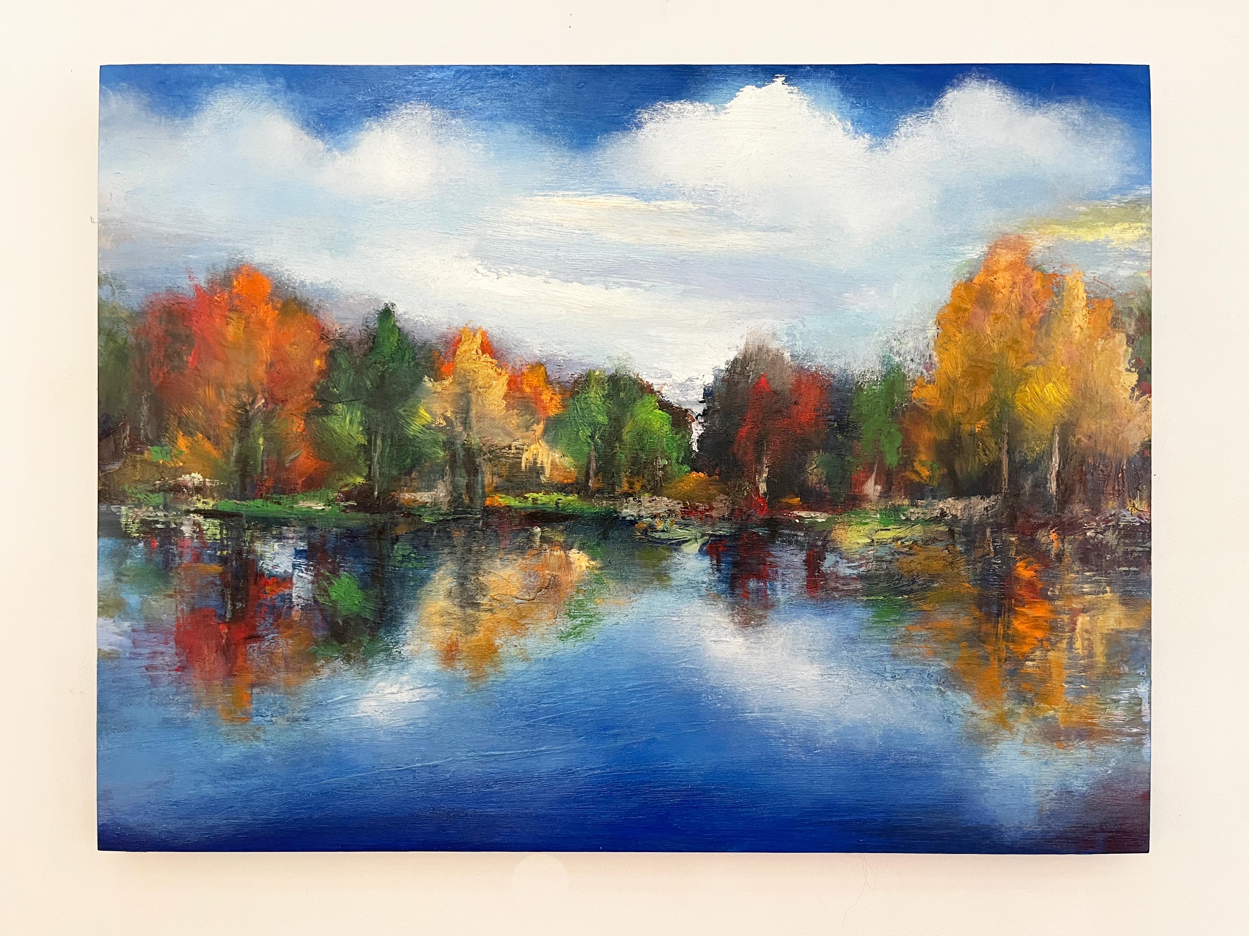 Paul chester Landscape Painting - Last September, 30x40", serene oil landscape in blues and orange w/ fall foliage