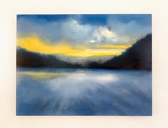 Light in the Cloud, 30x40", paysage à l'huile serein en bleus et jaunes