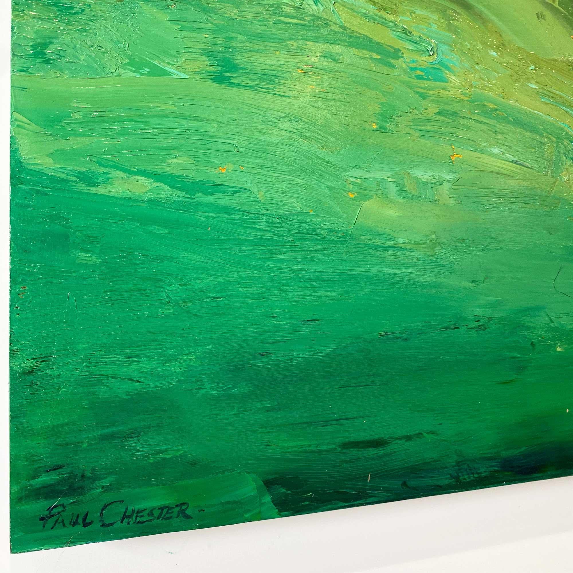 This is a contemporary abstract landscape painting by a Canadian artist, Paul Chester. Paul incorporates expressive layers of oil paint on wood panel to create a thickly textured surface that conveys the movement of rolling hills and moving