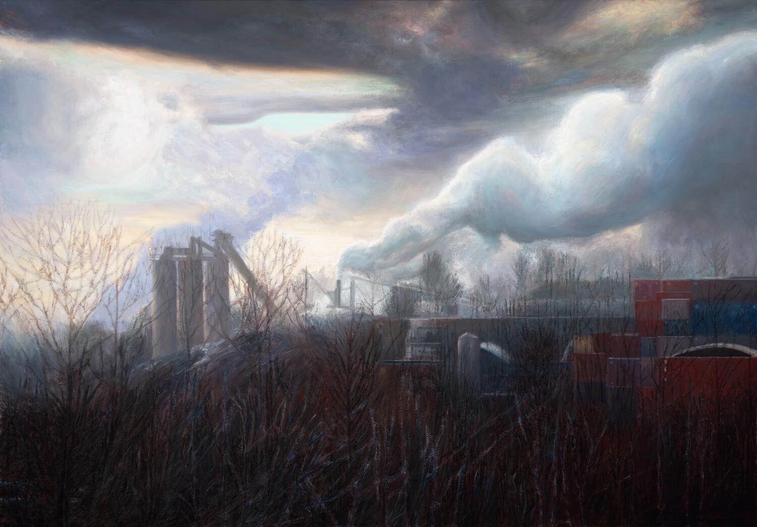 Paul Chizik Landscape Painting - Weighted Smoke, Industrial Landscape