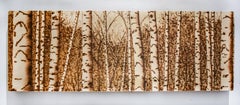 Birches (Small, Realistic Landscape of Birch Forest on Panel, Burned Drawing)