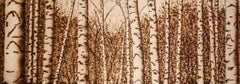 Birches (Small, Realistic Landscape of Birch Forest on Panel, Burned Drawing) 