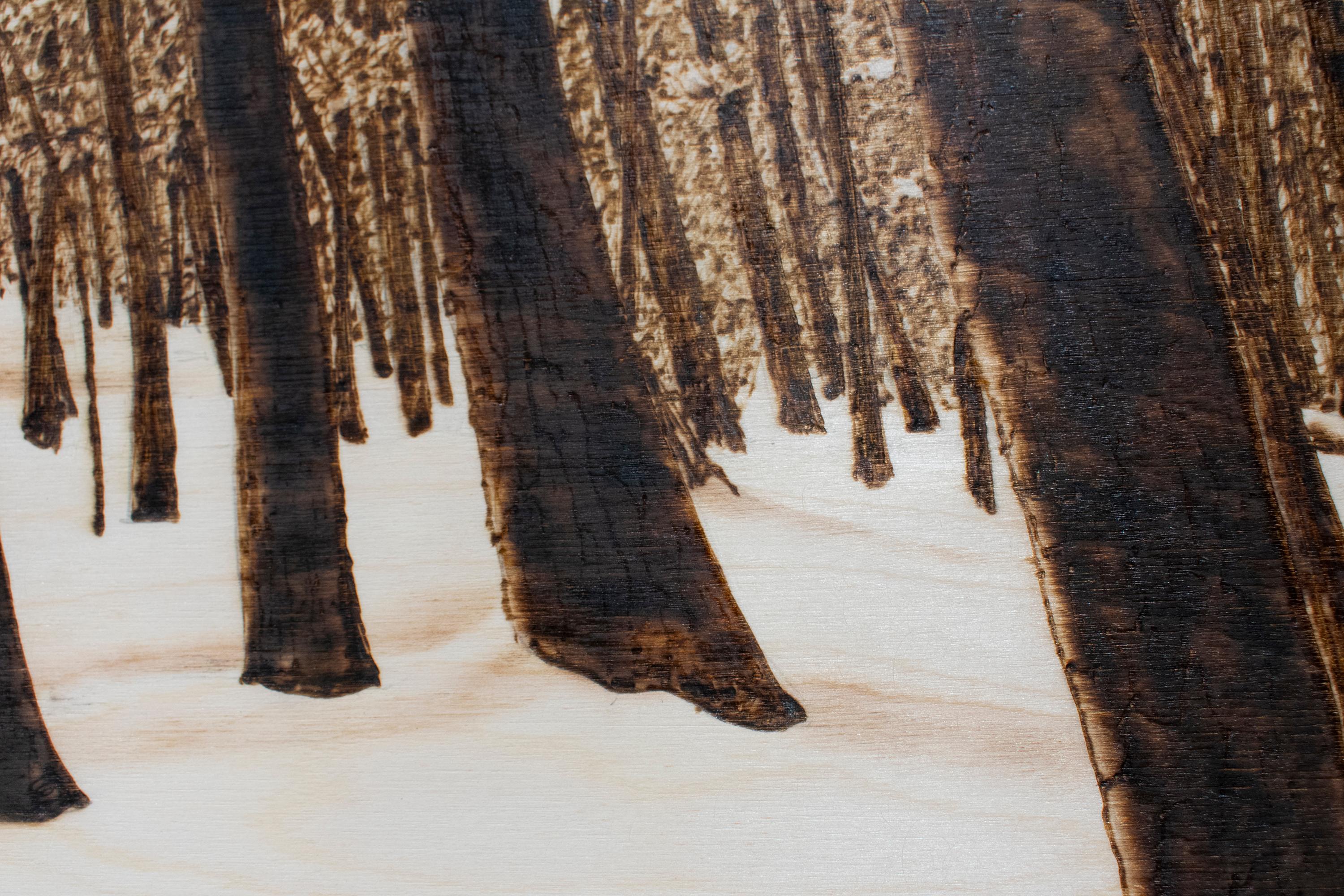 Hemlocks (Snowy Forest Landscape on Birch Wood Made with a Blowtorch) - Contemporary Painting by Paul Chojnowski