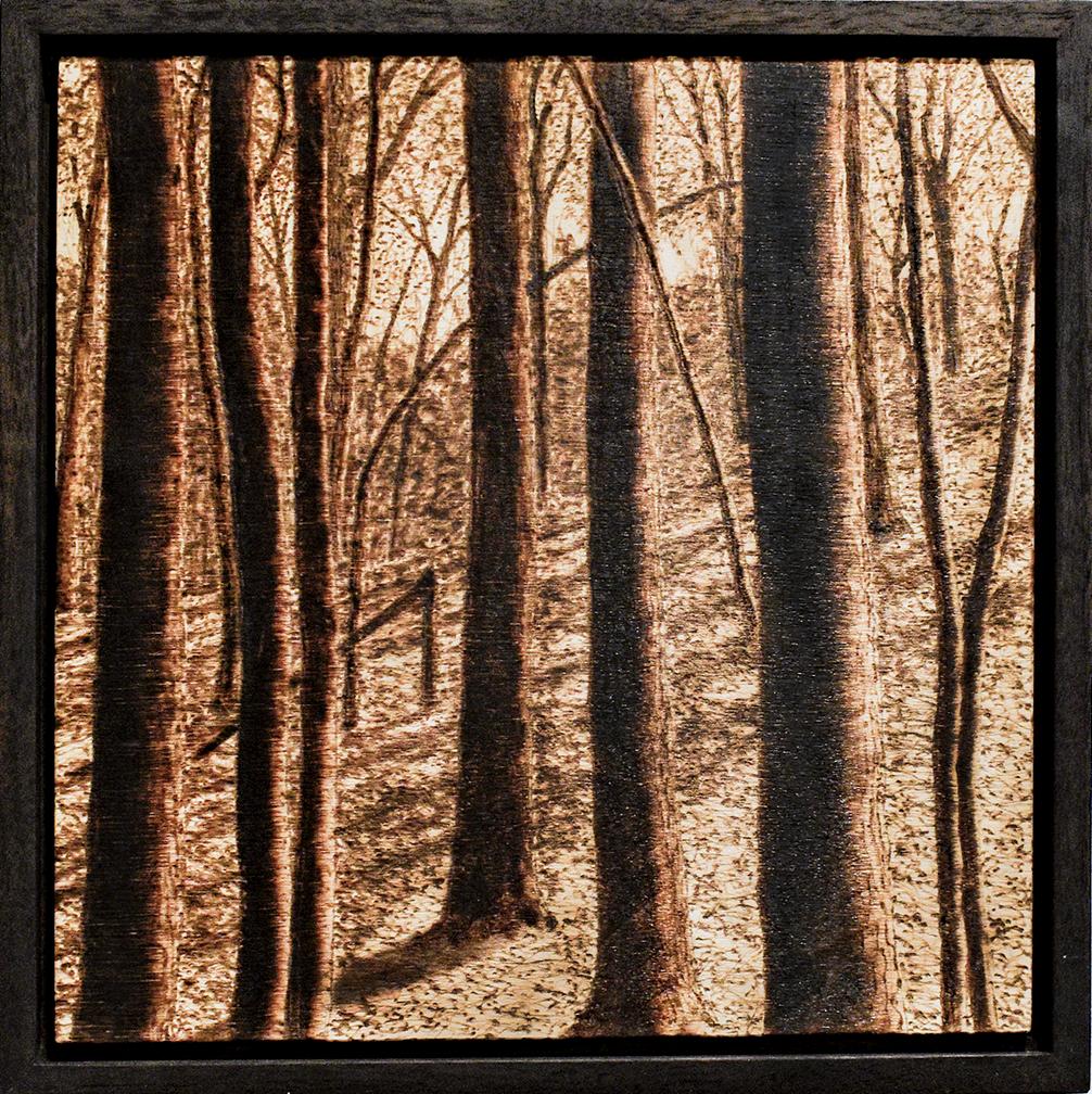 Paul Chojnowski Landscape Painting - Late Afternoon Summer (Forest Landscape, Burned and Scorched Wood Drawing)