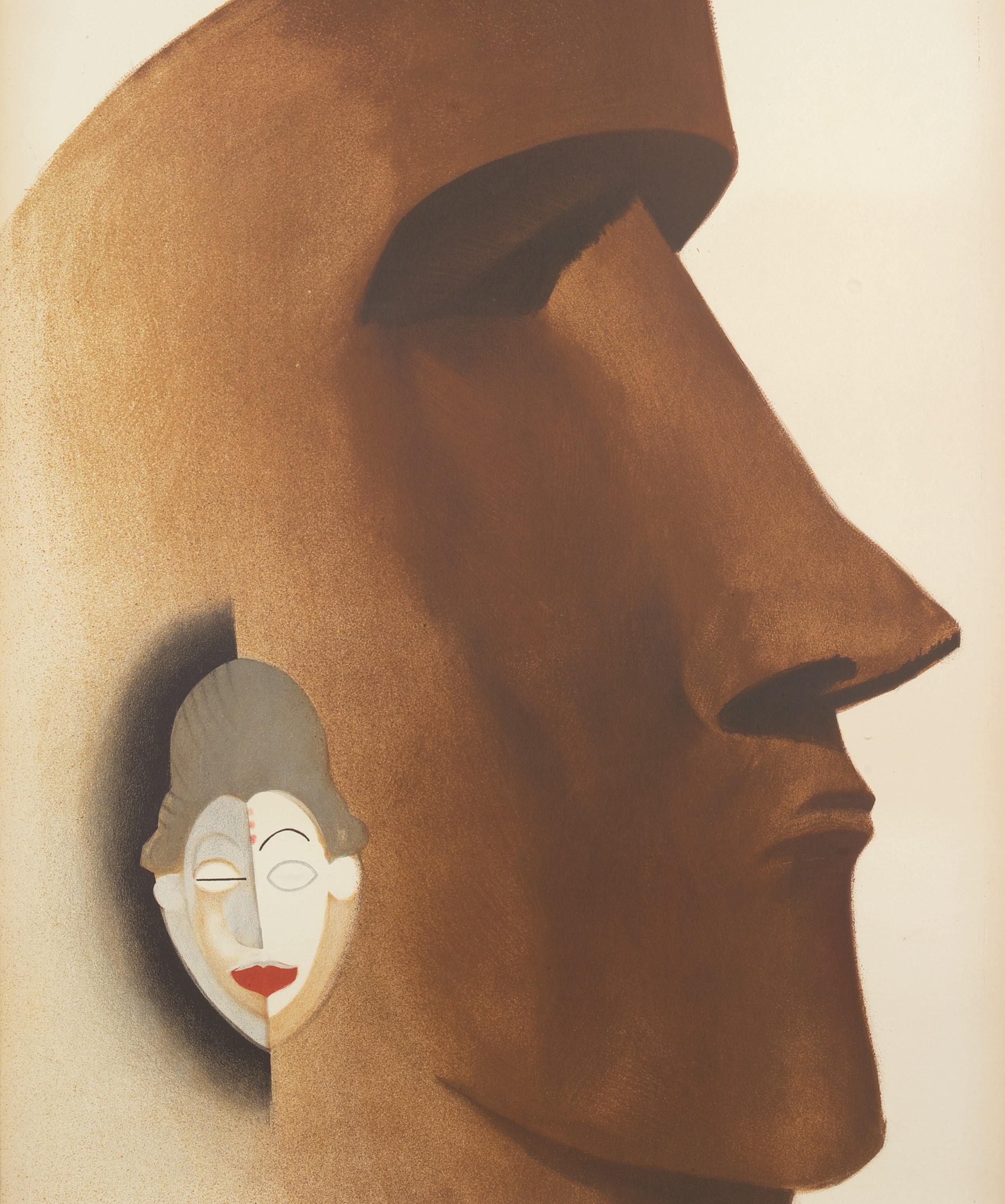 Poster Art Deco di ispirazione africana e oceanica che raffigura una maschera Punu del Gabon e una monumentale statua Moai delle Isole di Pasqua.

Paul Colin (27 giugno 1892 - 18 giugno 1985) nato a Nancy, Francia, morto a Nogent-sur-Marne.

Paul
