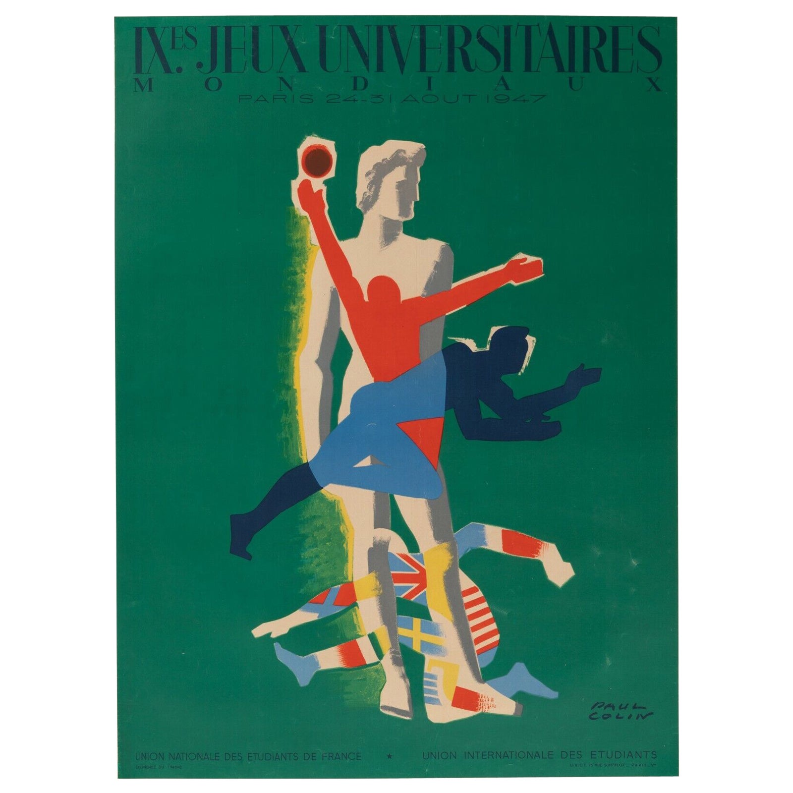 Original-Vintage-Sportplakat von Paul Colin, 9. Weltkriegs-Universitätsspiele Paris 1947