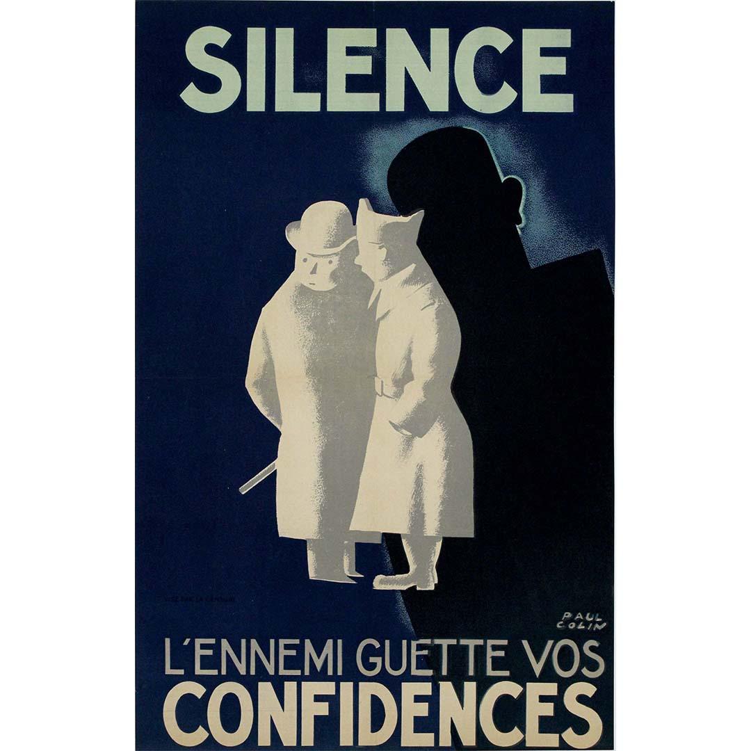 Das Originalplakat von Paul Colin aus dem Jahr 1939 vermittelt mit seinem schlichten, aber eindrucksvollen Design eine starke Botschaft. Mit der Aufschrift "Silence, l'ennemi guette vos confidences", was so viel heißt wie "Schweig, der Feind wartet