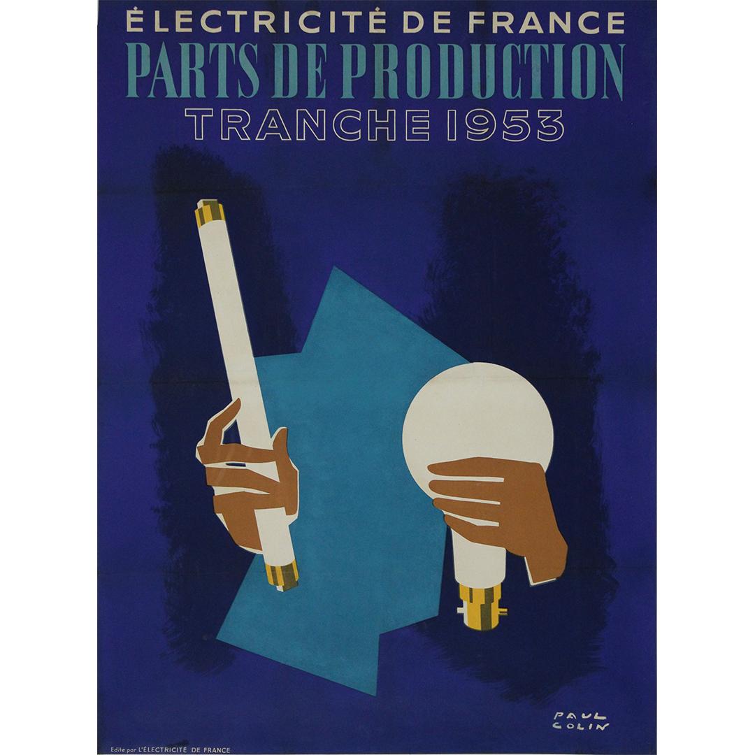 This strikingly modernist 1953 poster by renowned graphic artist Paul Colin highlights Électricité de France (EDF) and its initiative, Parts de Production, reflecting the optimism and forward-looking spirit of post-war industrial growth in