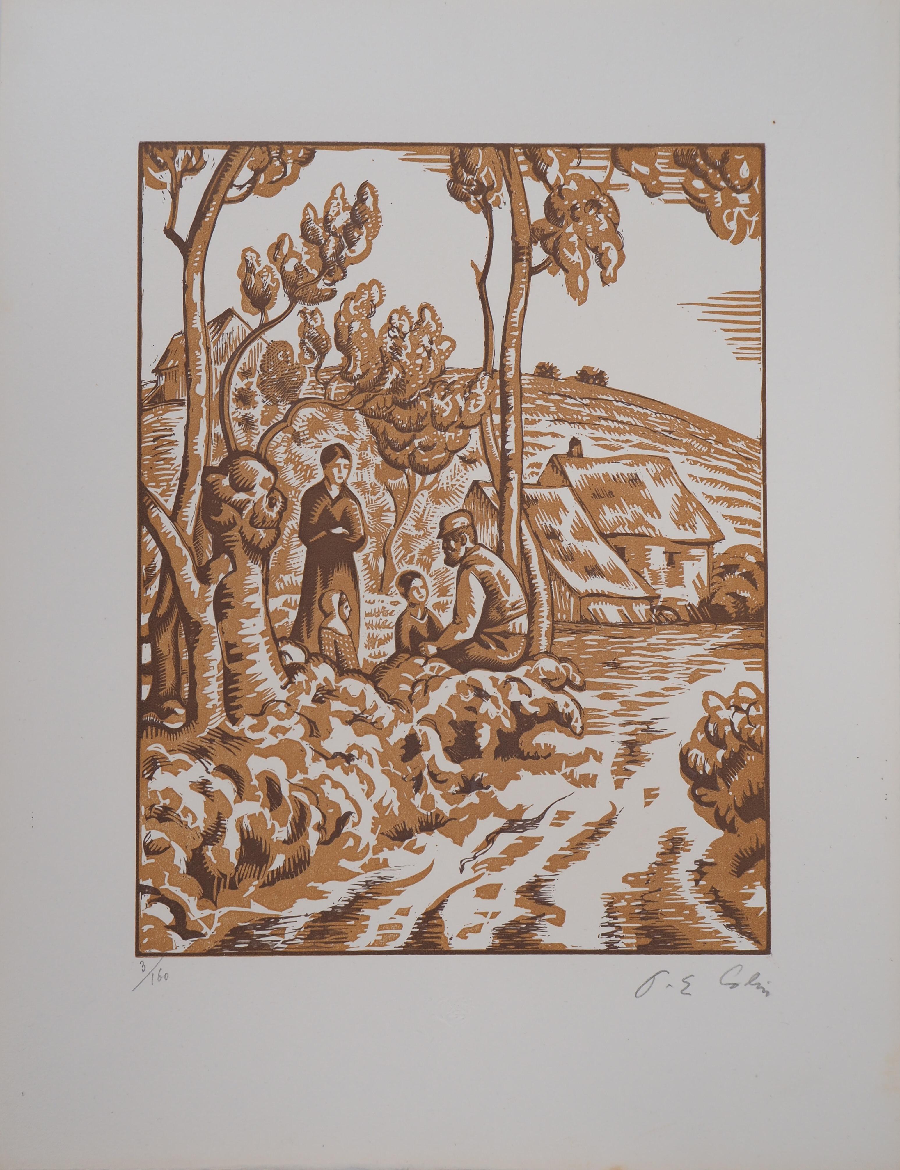 Allegory of Peace : the Family in Countryside - Original wooodcut, Handsigned - Print by Paul Colin