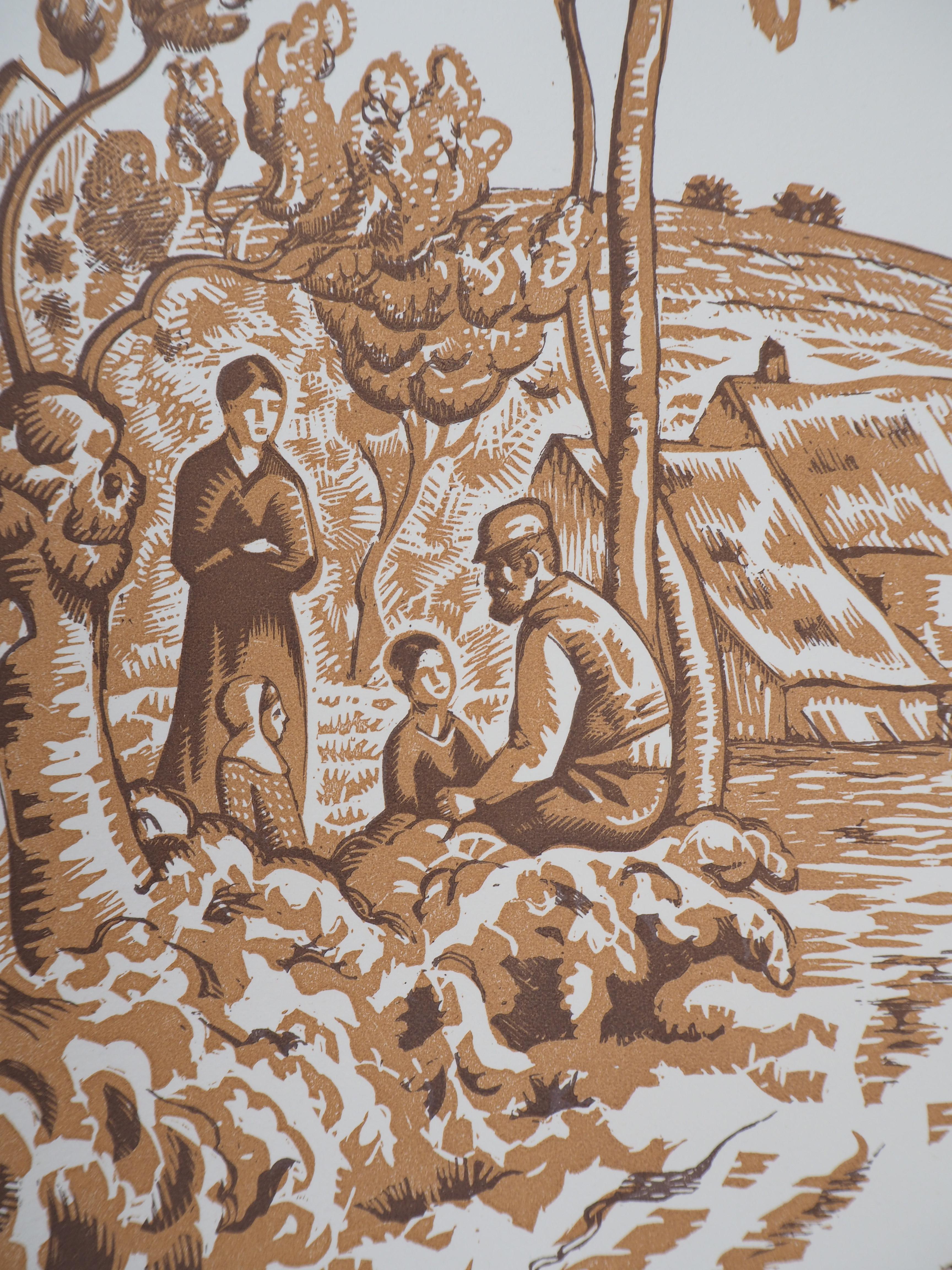 Allegory of Peace : the Family in Countryside - Original wooodcut, Handsigned - Art Deco Print by Paul Colin