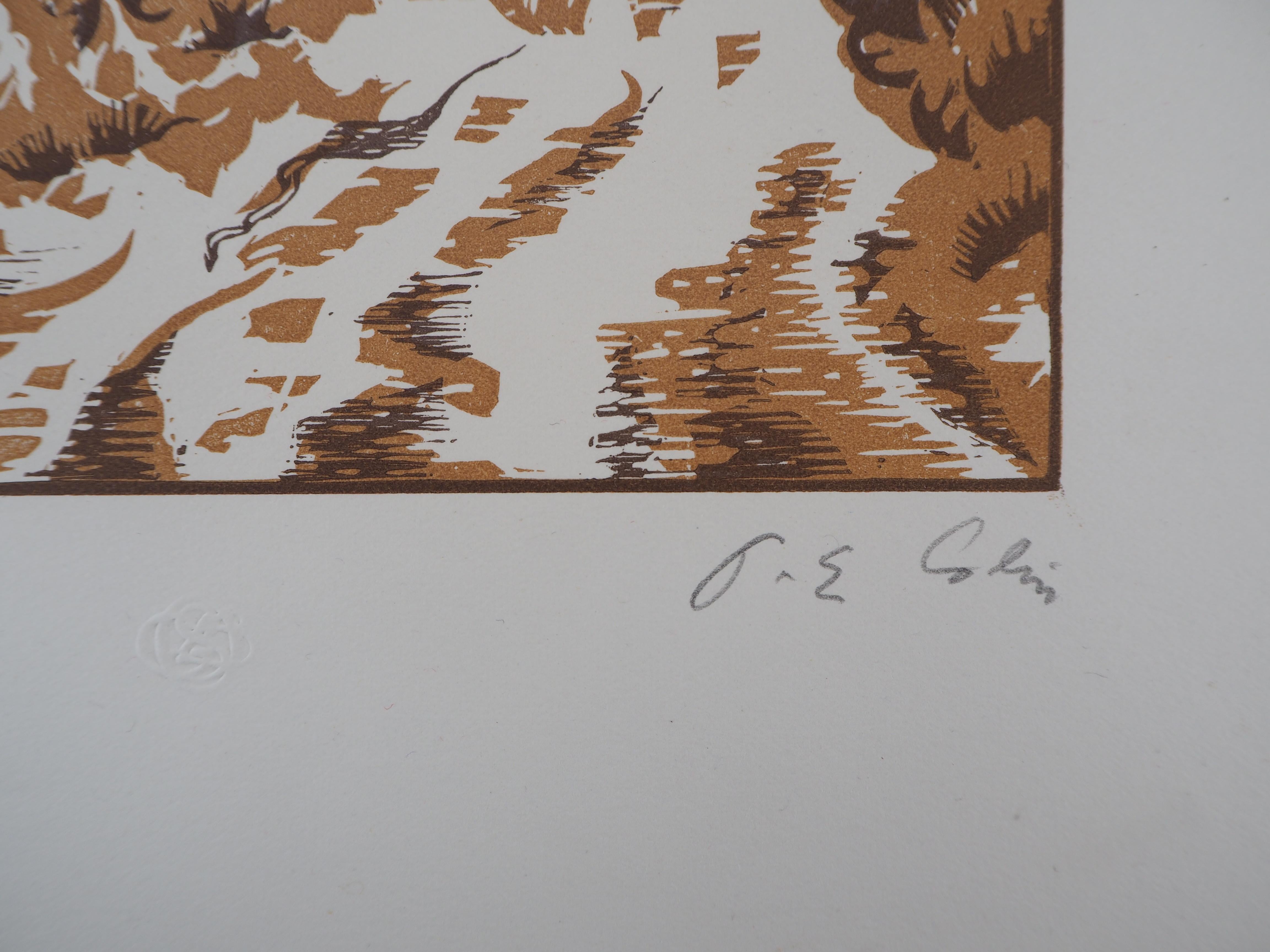 Allegory of Peace : the Family in Countryside - Original wooodcut, Handsigned For Sale 1