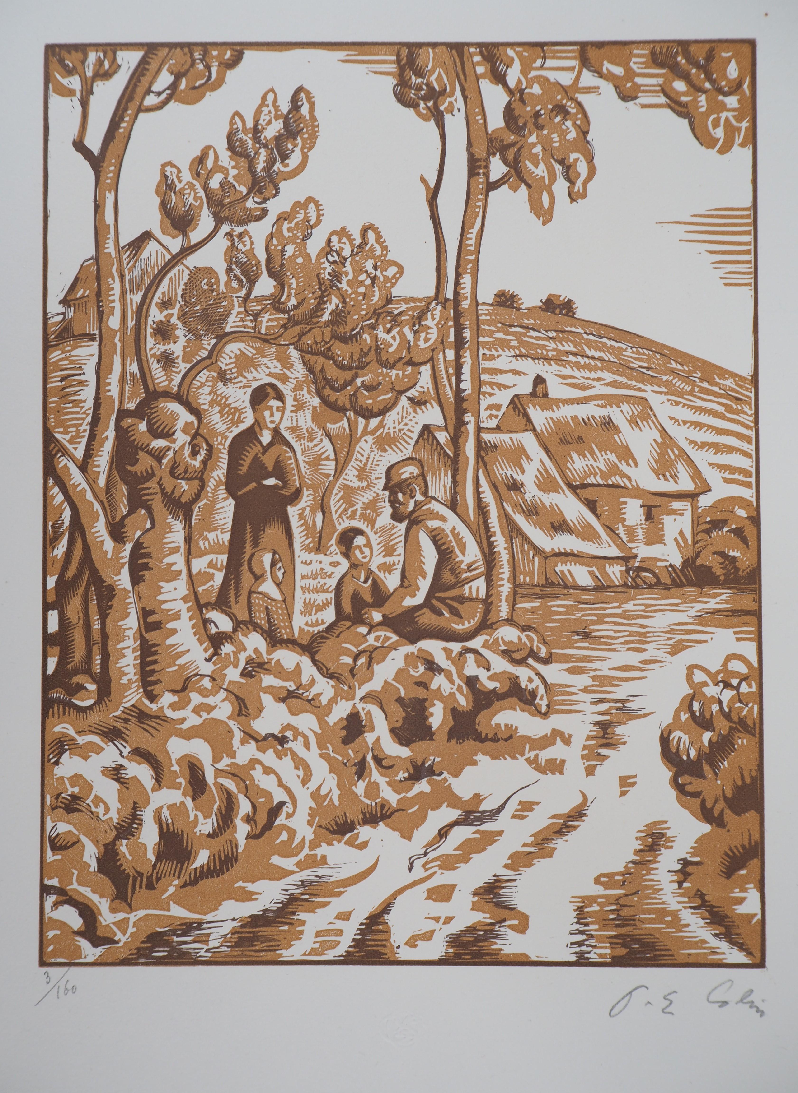 Paul Colin Figurative Print - Allegory of Peace : the Family in Countryside - Original wooodcut, Handsigned
