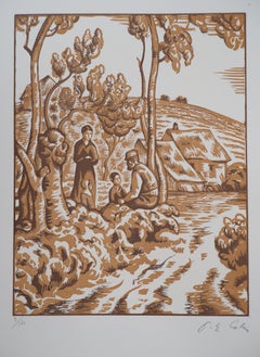 Allegory of Peace : the Family in Countryside - Original wooodcut, Handsigned