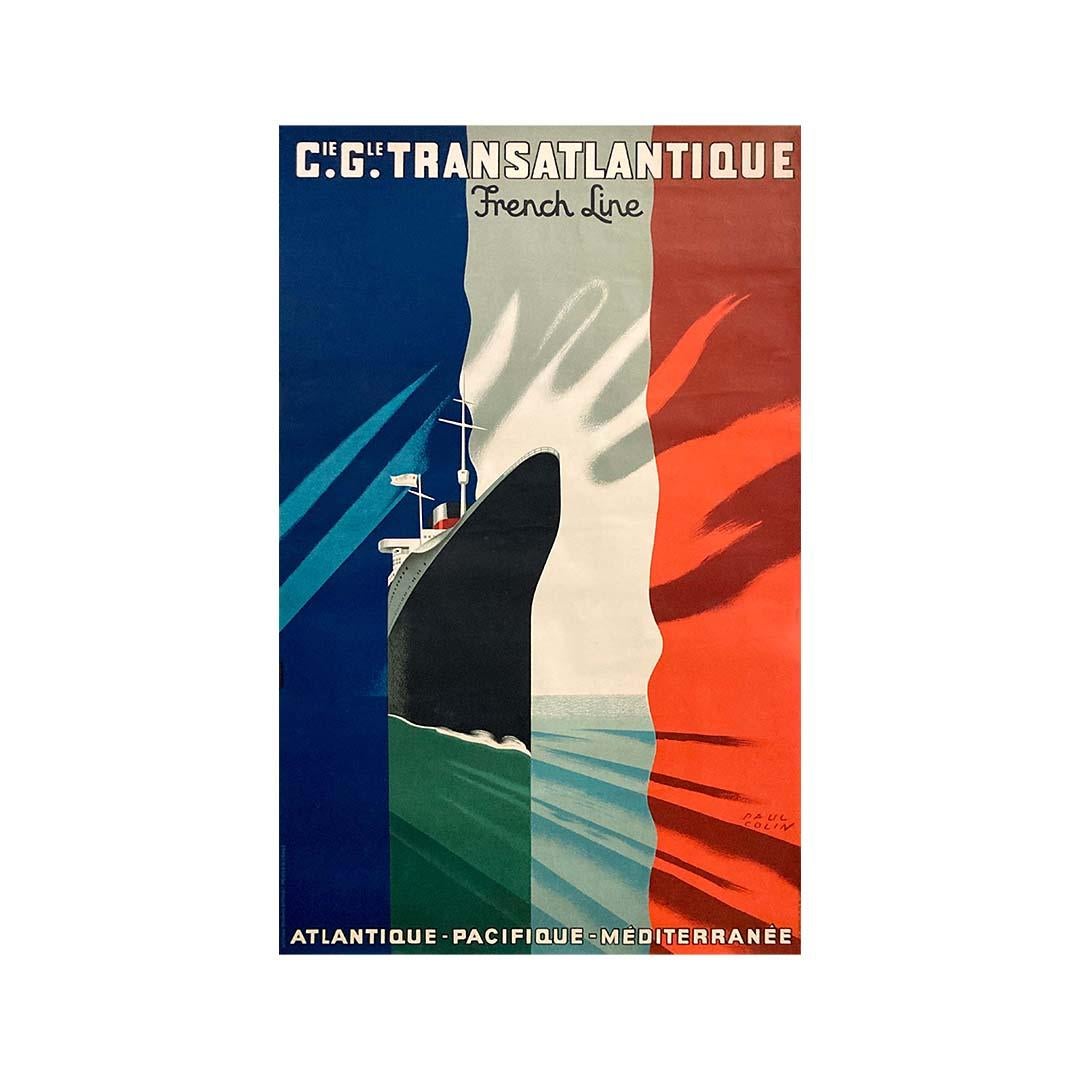 The Compagnie Générale Transatlantique commissioned Paul Colin in 1937 to create this poster representing the famous liner "Normandie" in response to the airlines on transcontinental travel.

After the war, in 1948-1949, the printer Courbet S.A. in