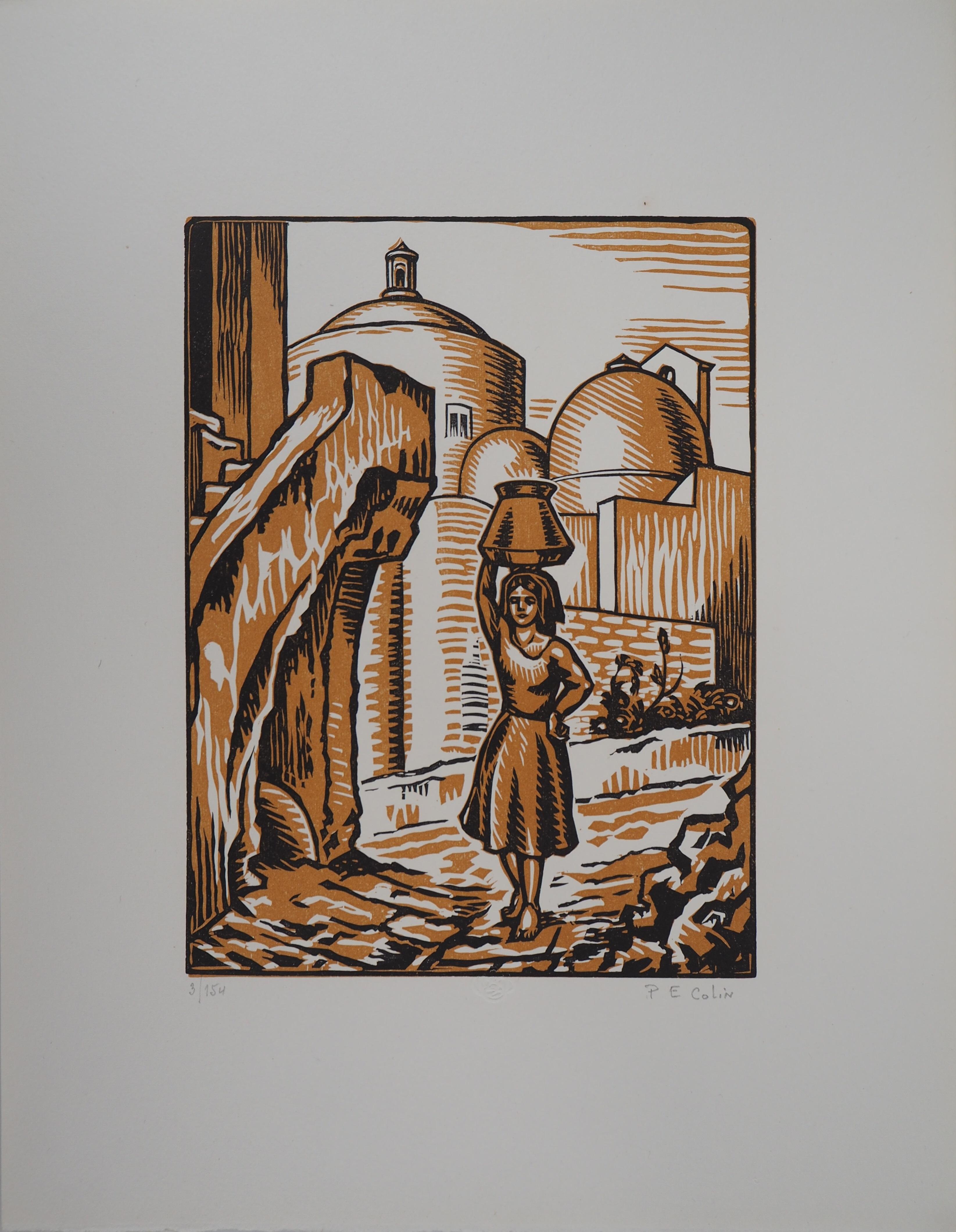 Italy : In a Small Street of Procida - Original wooodcut, Handsigned - Art Deco Print by Paul Colin
