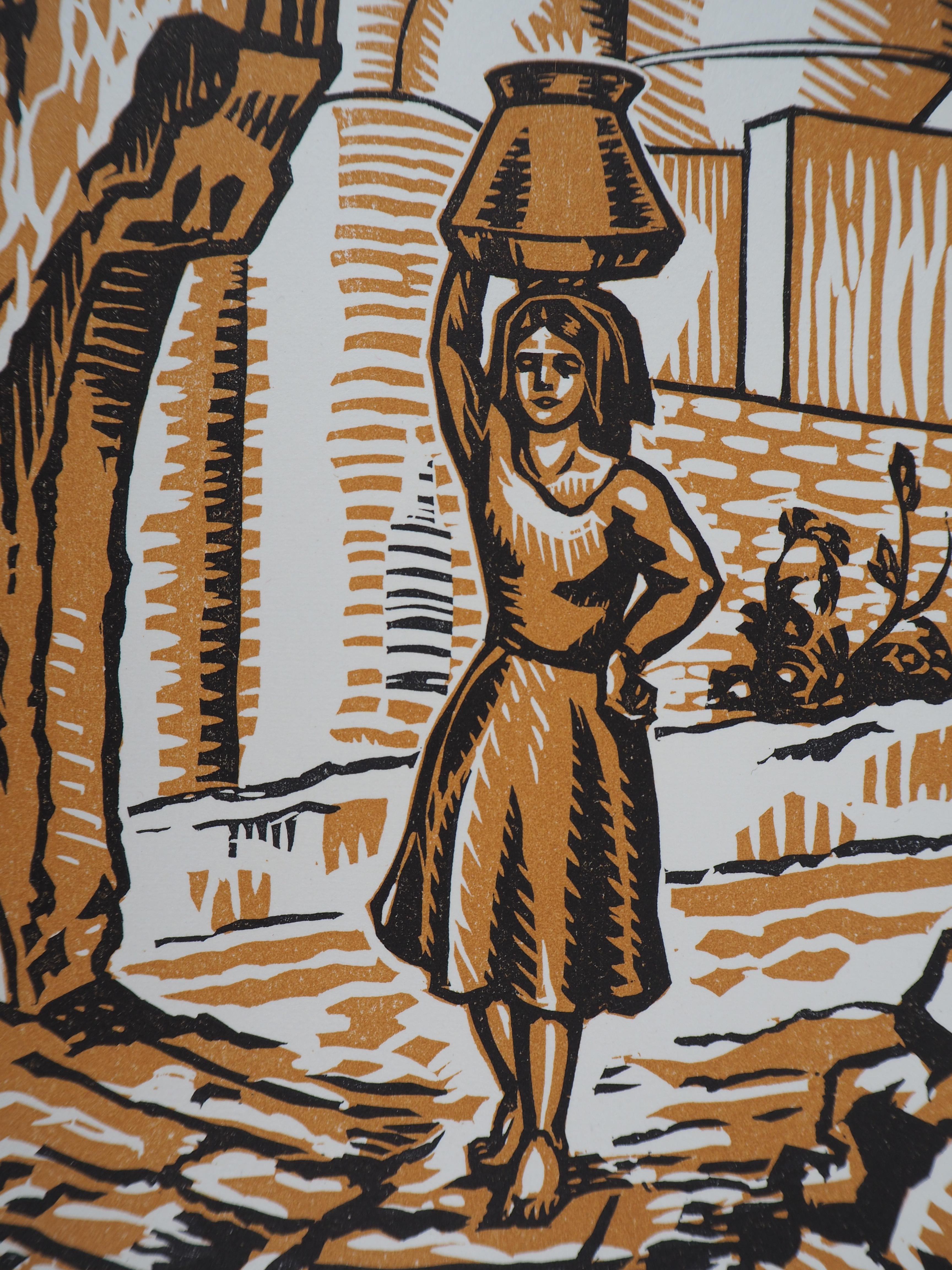 Italy : In a Small Street of Procida - Original wooodcut, Handsigned - Brown Figurative Print by Paul Colin