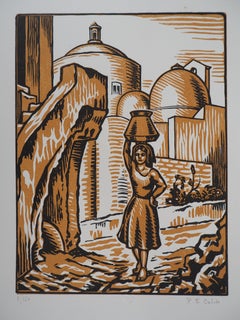 Italy : In a Small Street of Procida - Original wooodcut, Handsigned