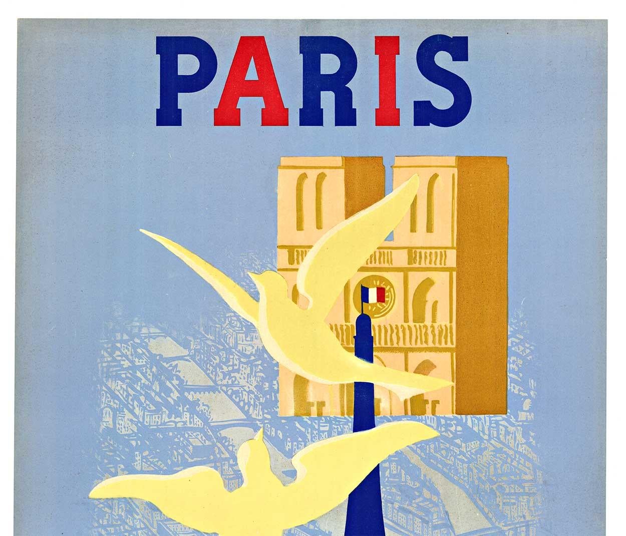 Cartel de viaje original de 1945 de París (Francia)  viajar en tren - Print de Paul Colin