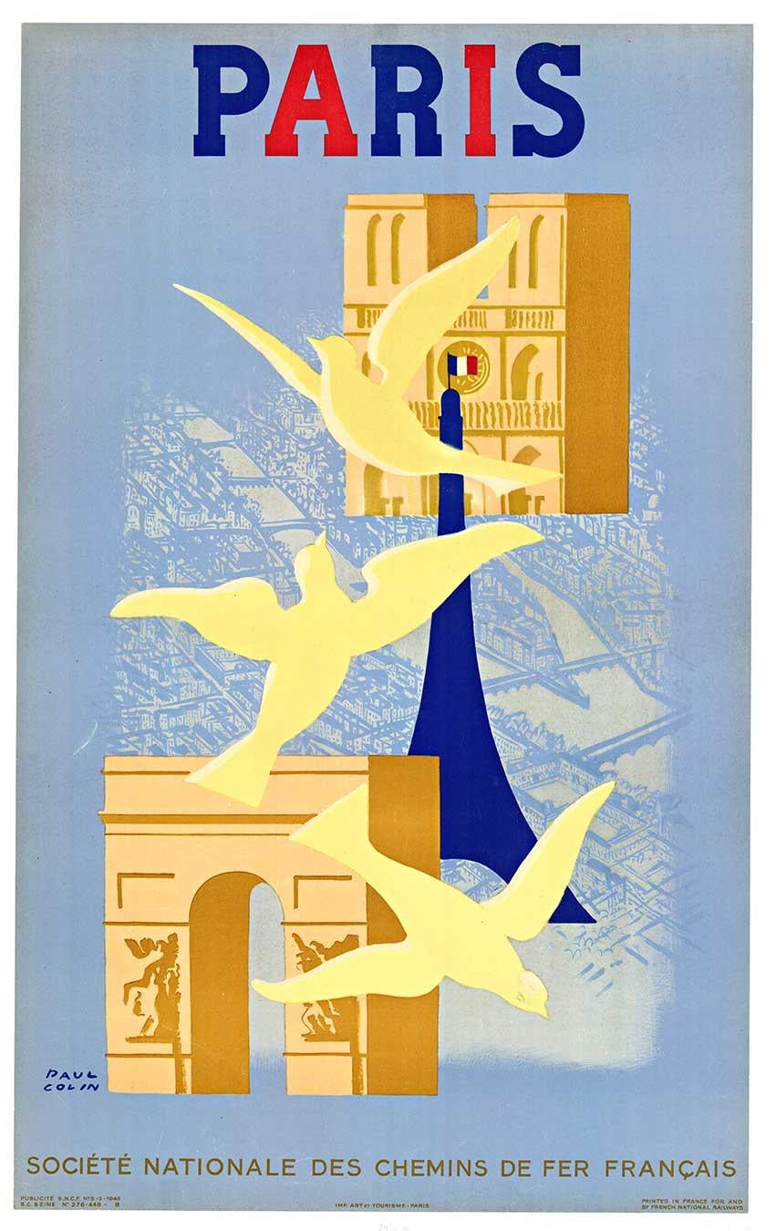 Cartel de viaje original de 1945 de París (Francia)  viajar en tren