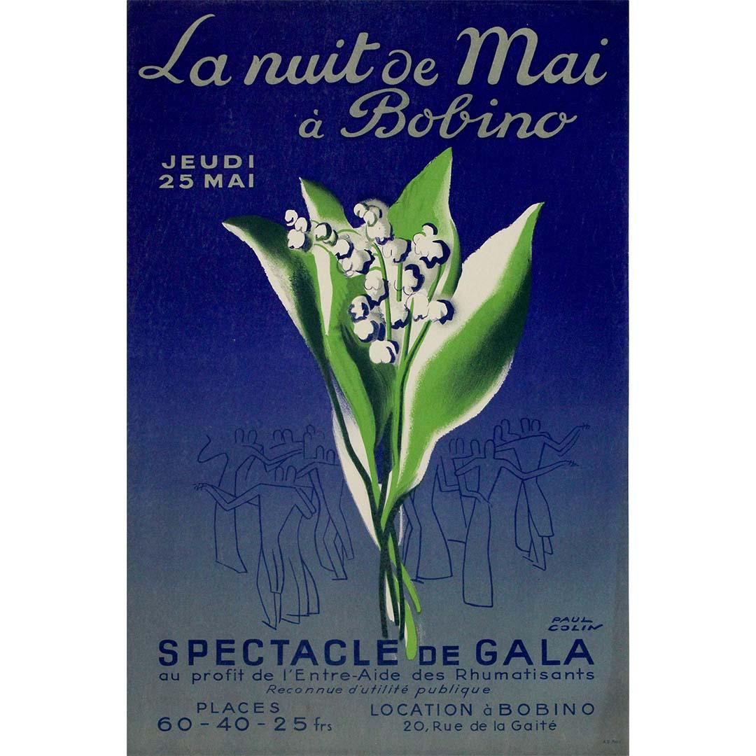 This original 1950s poster by legendary French graphic artist Paul Colin announces “La Nuit de Mai à Bobino”—a festive gala evening held on Thursday, May 25th, at the iconic Parisian venue Bobino. The event was organized in aid of l’Entre-Aide des