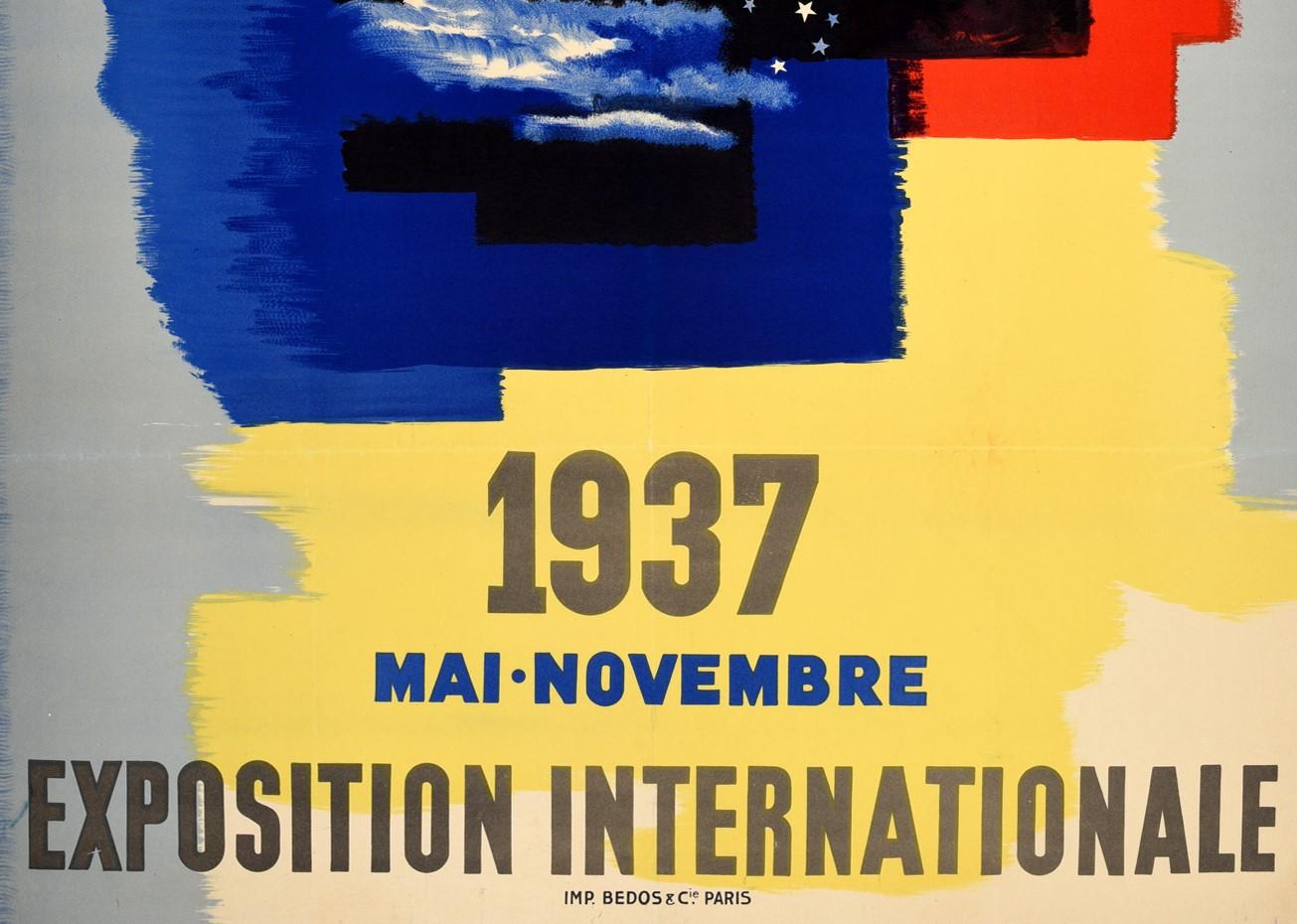 Original-Werbeplakat für die Internationale Ausstellung / Exposition Internationale 1937 in Paris mit einem großartigen Entwurf von Paul Colin (1892-1985):: der eine Dame mit wehendem Haar um eine Weltkugel mit blauen und weißen Sternen oben und