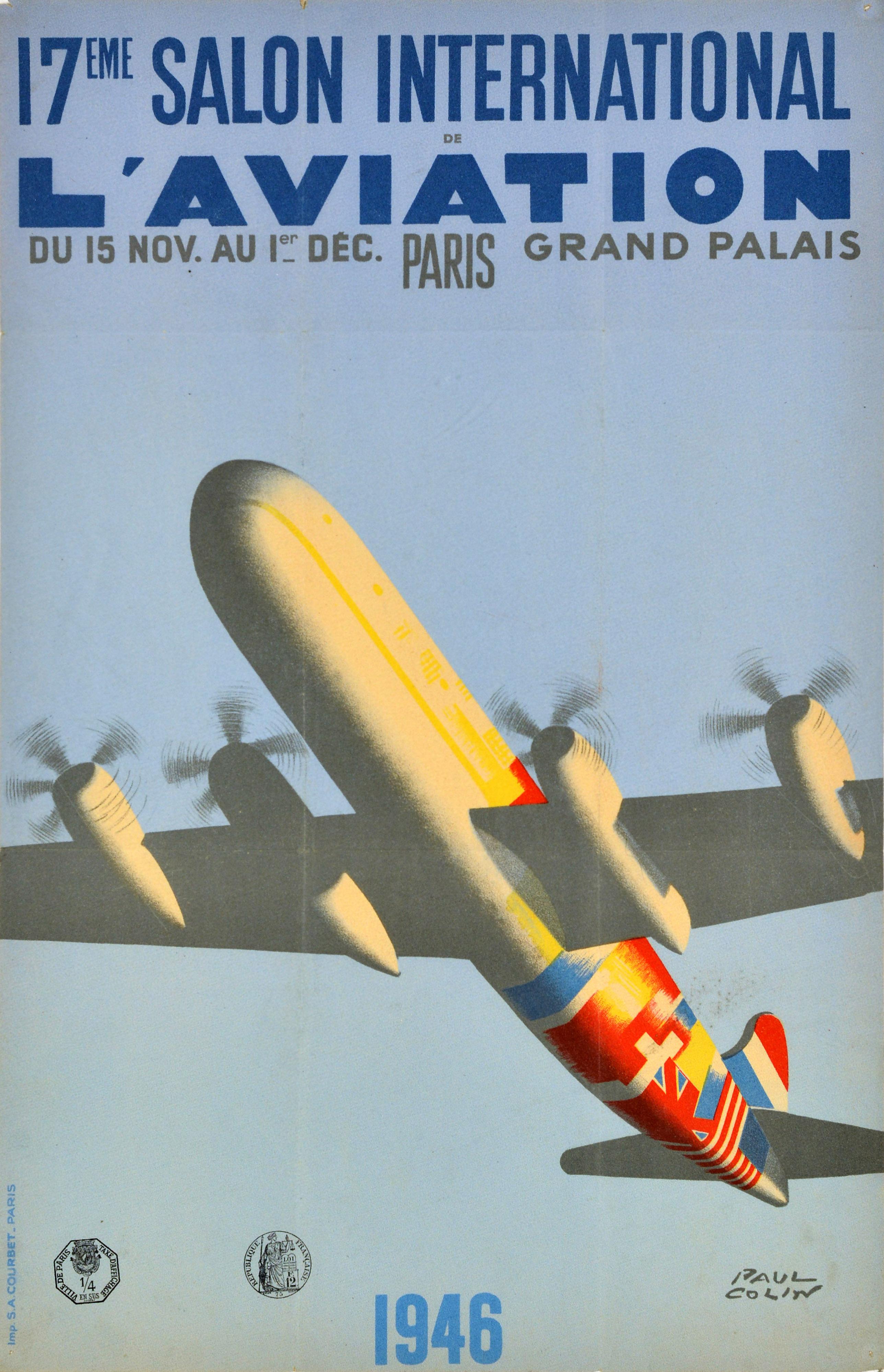 Original vintage post World War two poster for the 17th International Aviation Exhibition - 17eme Salon International l'Aviation - held from 15 November to 1 December at the Grand Palais Paris featuring a great illustration by Paul Colin (1892-1985)
