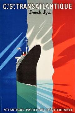 Affiche rétro originale, Transatlantique French Line, Paquebot, Croisière 