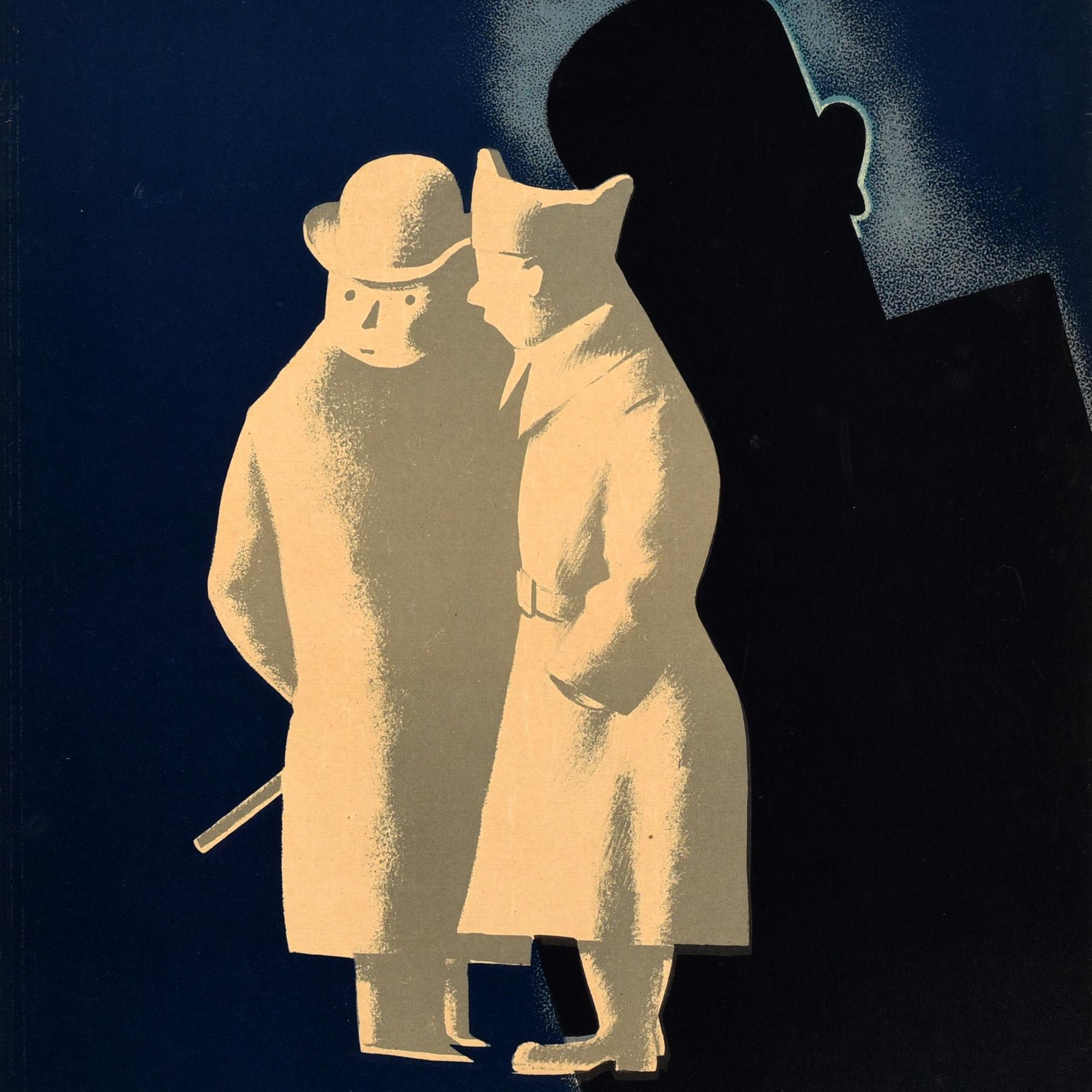 Affiche originale de la Seconde Guerre mondiale Silence - The Enemy is Watching for your confidences / Silence, l'Ennemi guette vos confidences - Le dessin de Paul Colin (1892-1985) représente deux hommes qui chuchotent l'un à l'autre, tandis qu'une