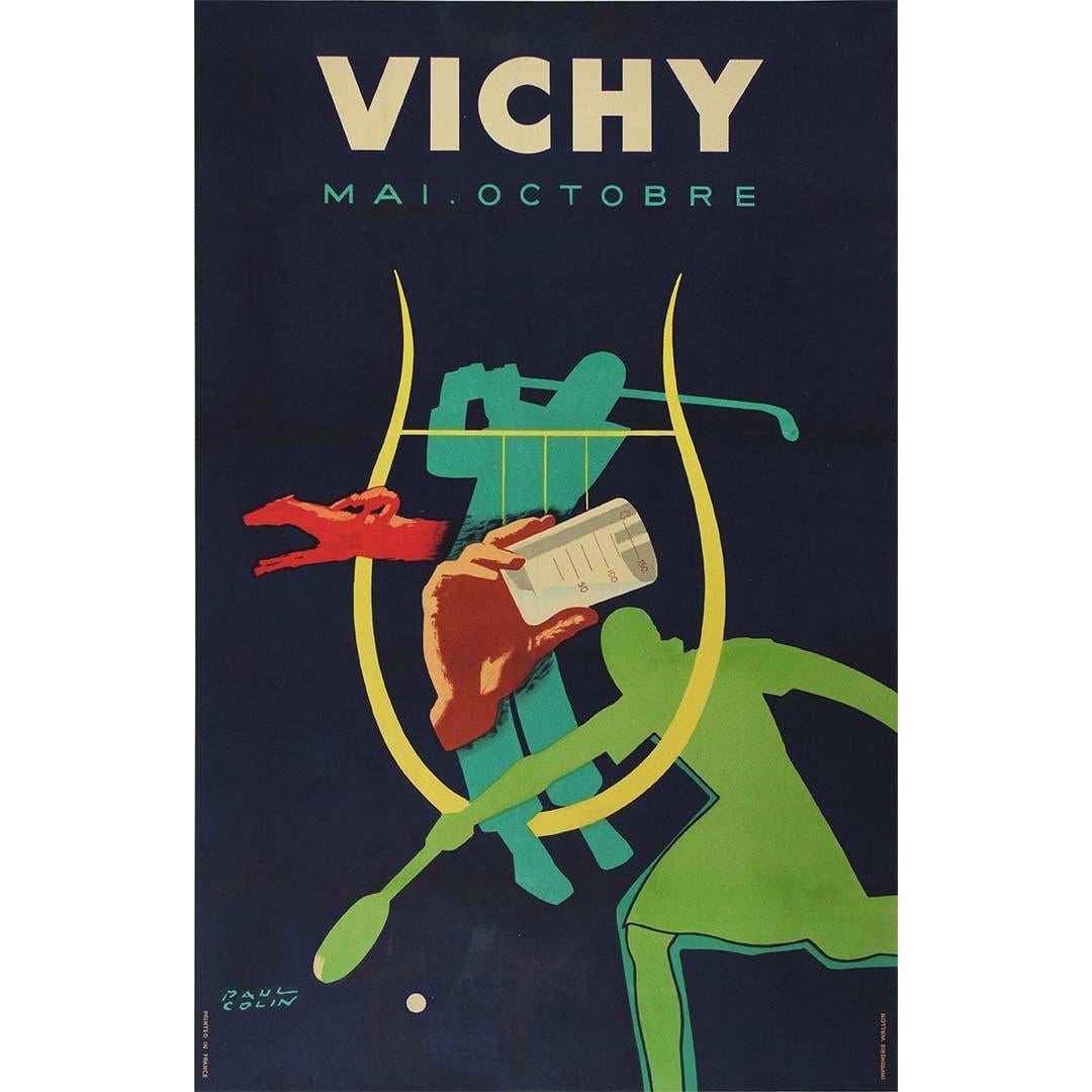 Paul Colin's 1948 poster for "Vichy Mai Octobre 1948" is a remarkable example of his talent in poster design. It promotes an event in Vichy, France, during May and October of that year. The poster, with its bold lettering and stylized illustration