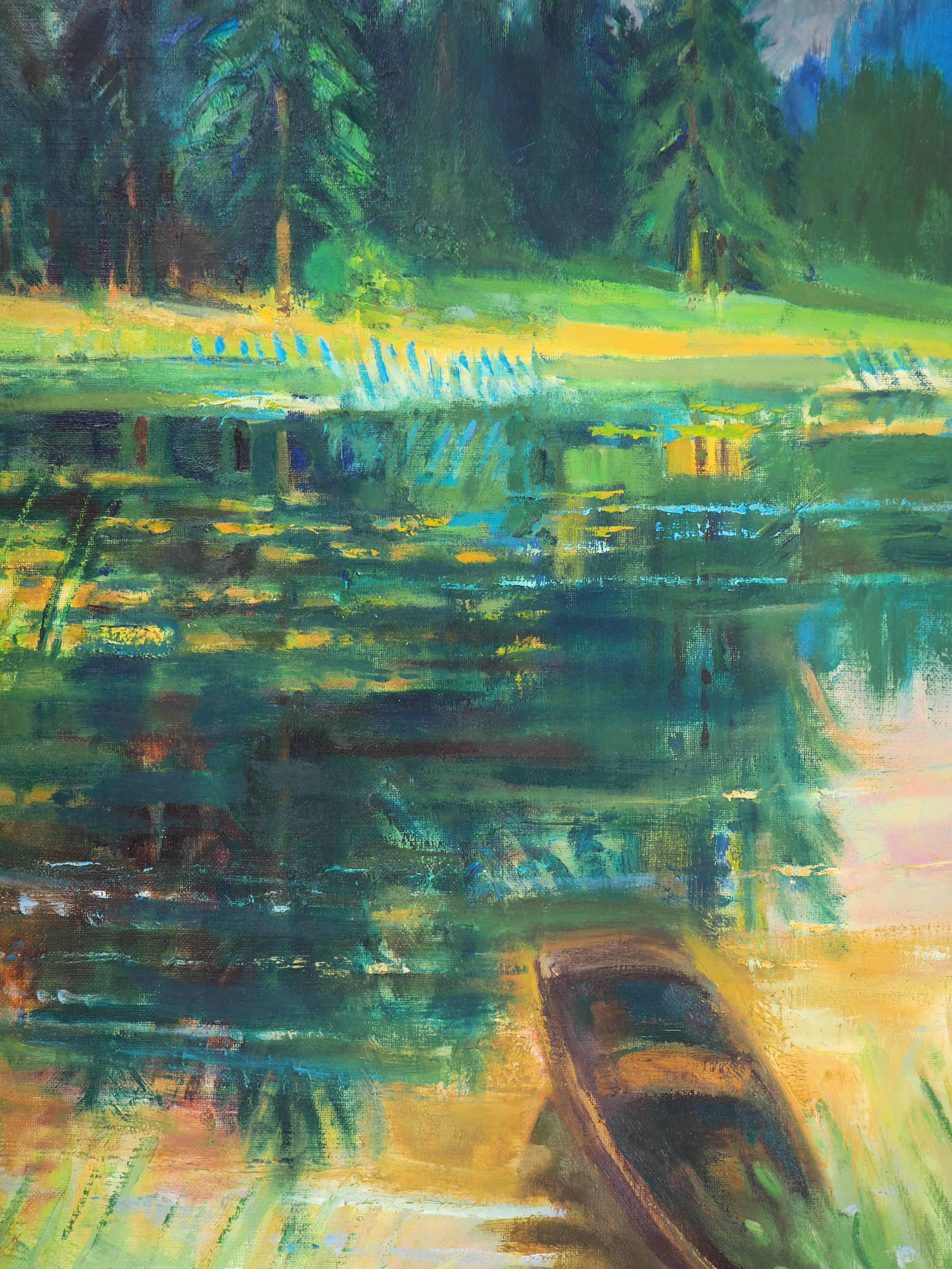 La nature sauvage : Petit bateau sur l'étang - Peinture à l'huile originale, signée à la main - Post-impressionnisme Painting par Paul Collomb