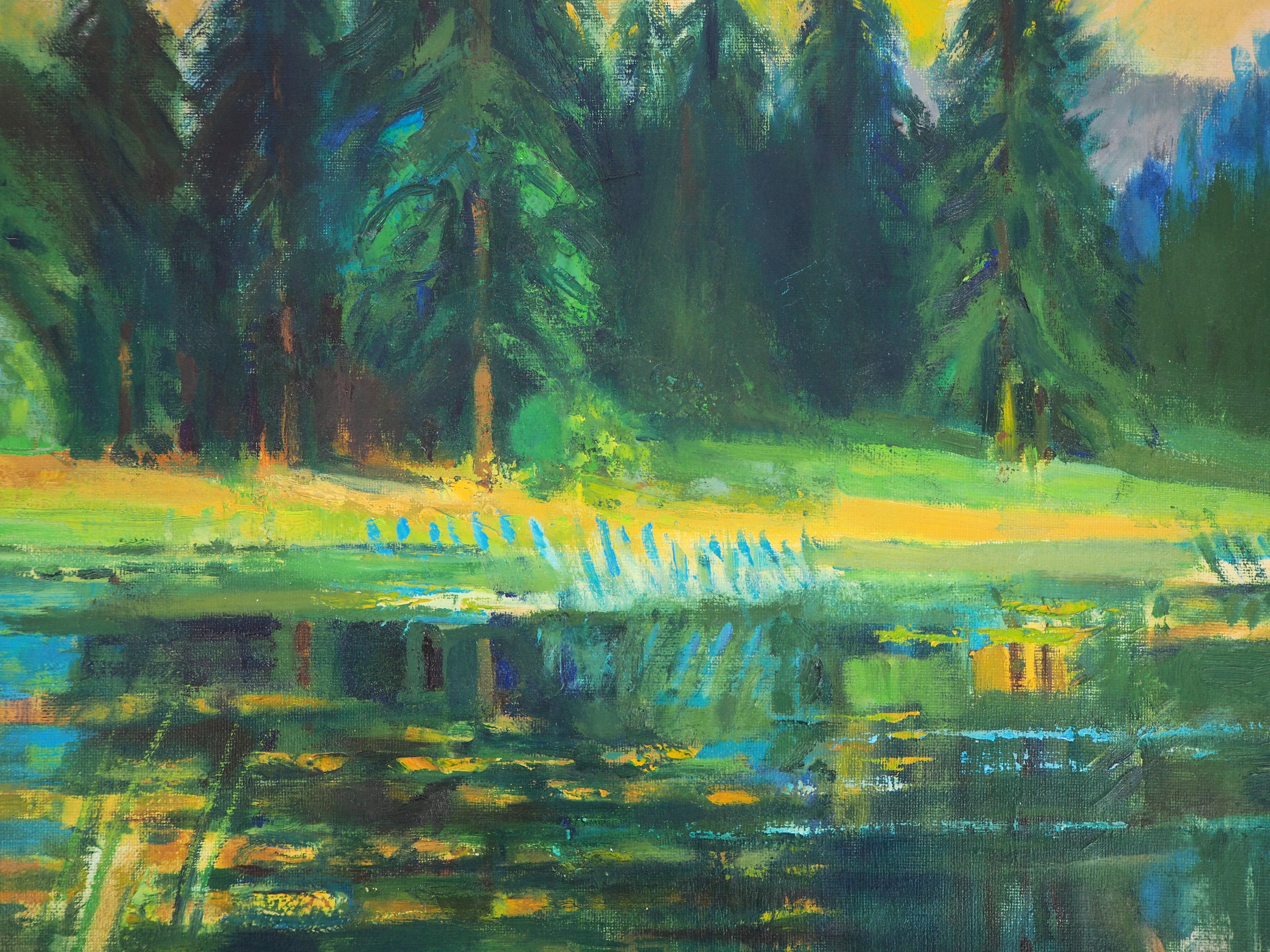 La nature sauvage : Petit bateau sur l'étang - Peinture à l'huile originale, signée à la main - Gris Landscape Painting par Paul Collomb