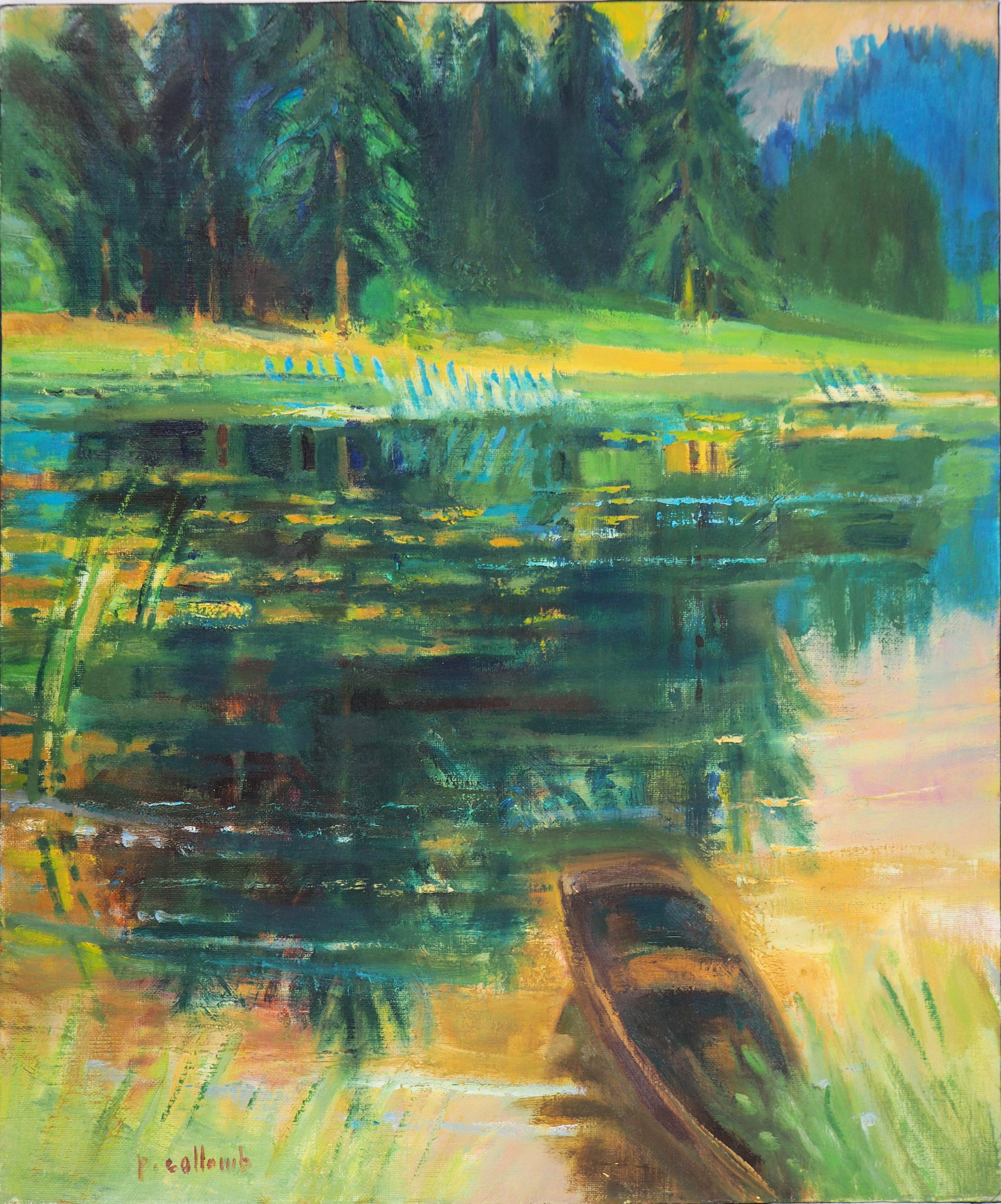 Landscape Painting Paul Collomb - La nature sauvage : Petit bateau sur l'étang - Peinture à l'huile originale, signée à la main