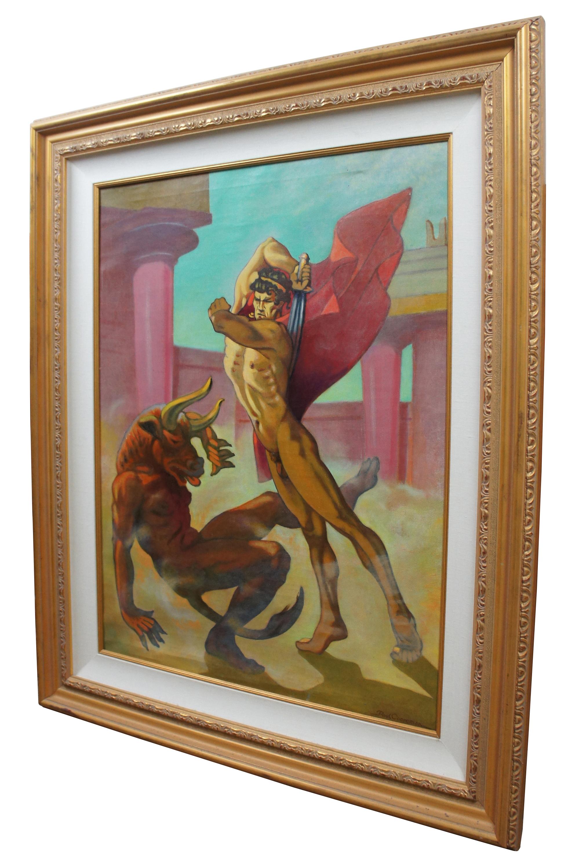 Oil on canvas painting by Paul Cooreman showing the mythological Greek hero Theseus in the act of slaying the Minotaur. / BIO: Paul Cooreman was active/lived in Belgium. Paul Cooreman is known for Painting. Born in 1910, Paul Cooreman's creative