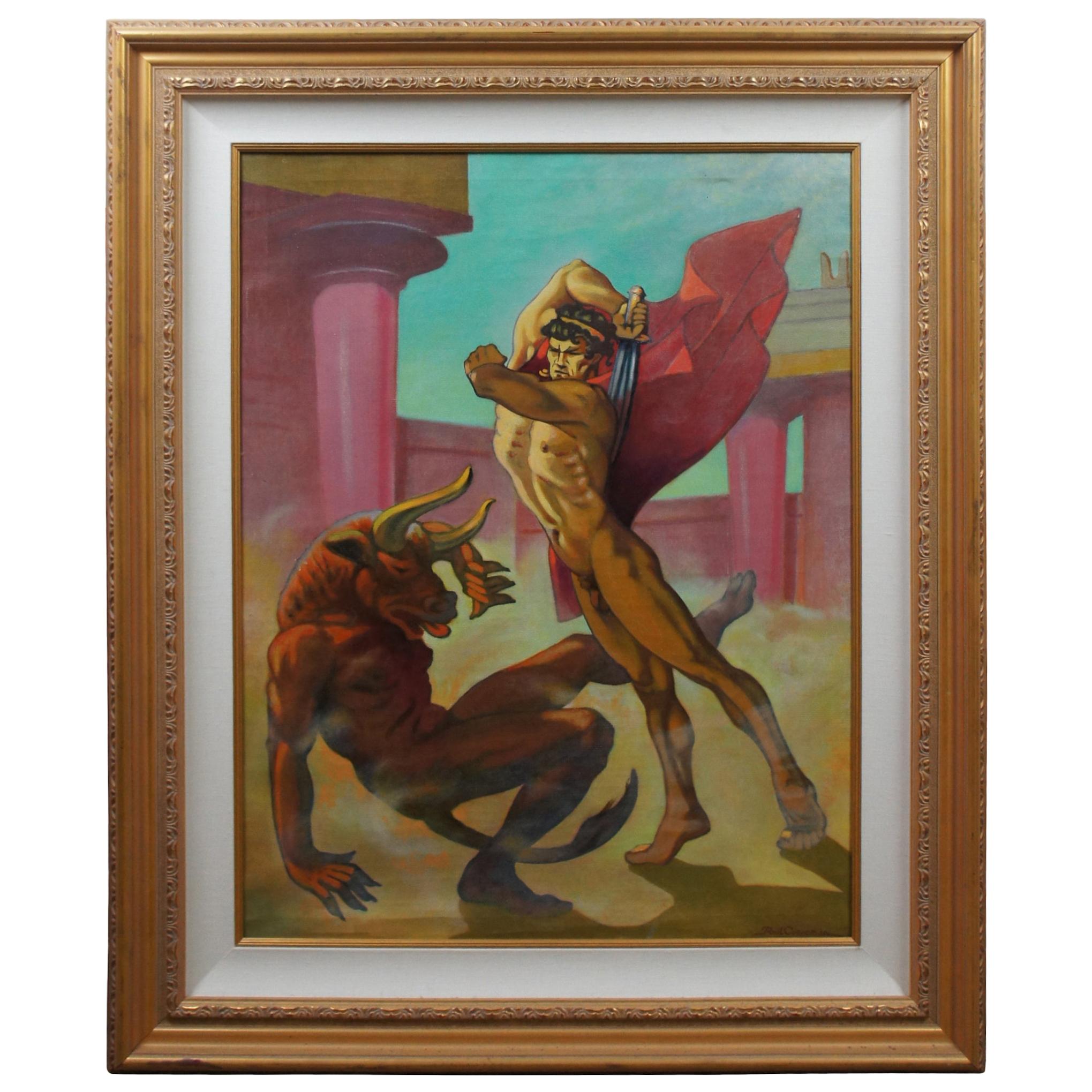 Paul Cooreman "Theseus Slaying Minotaur" Signed Oil Painting on Canvas Nude