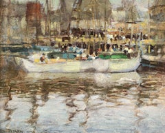 Boats in a harbour - Impressionist Figures in Landscape by Paul Cornoyer