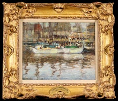 Boats in a harbour - Impressionist Figures in Landscape by Paul Cornoyer