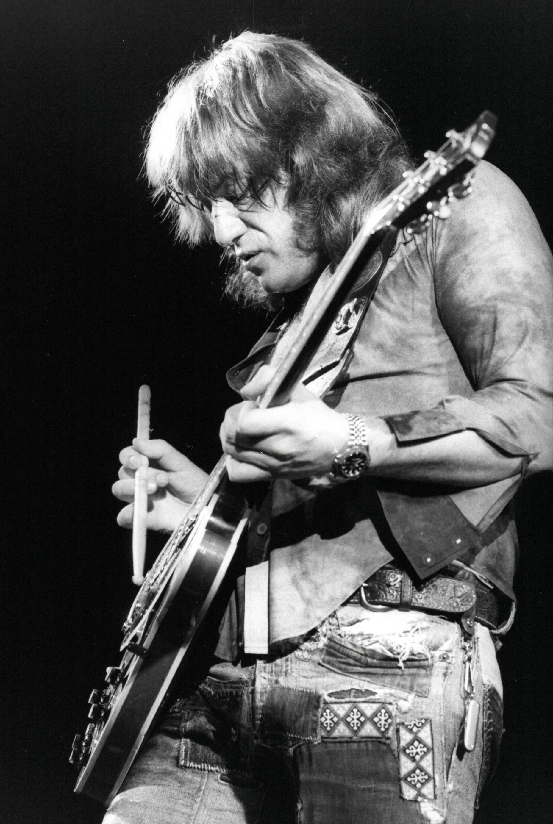 Paul Cox Black and White Photograph - Alvin Lee Playing Guitar with Drum Stick Vintage Original Photograph