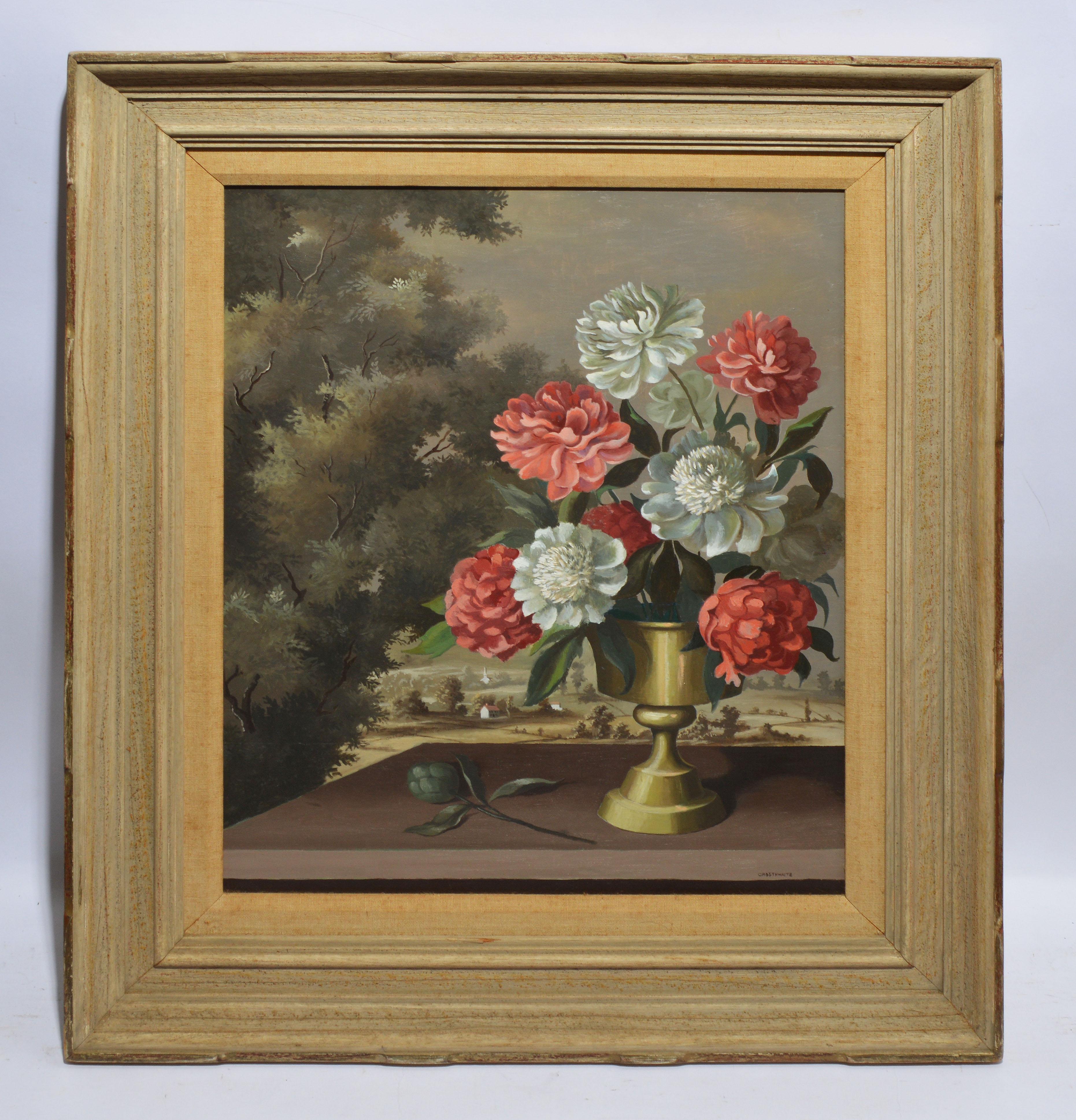 Vintage American modernist painting of flowers and a landscape by Paul Crosthwaite  (1911 - 1981).  Oil on board, circa 1950.  Signed.  Displayed in a modernist wood frame.  Image, 16