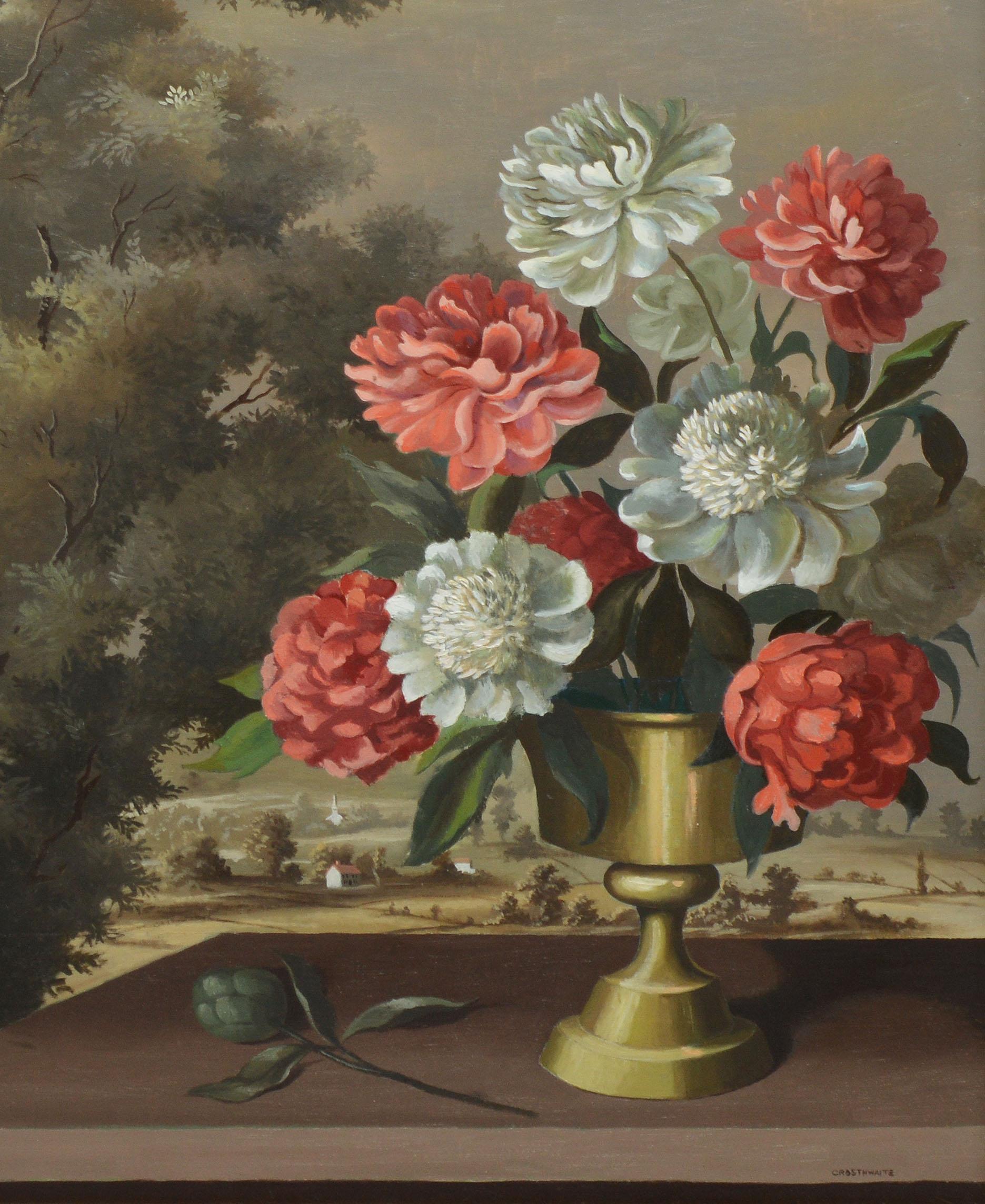Antique American Trompe L'Oeil Flower Still Life & Landscape by Paul Crosthwaite 2
