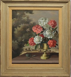 Antique American Trompe L'Oeil Flower Still Life & Landscape by Paul Crosthwaite