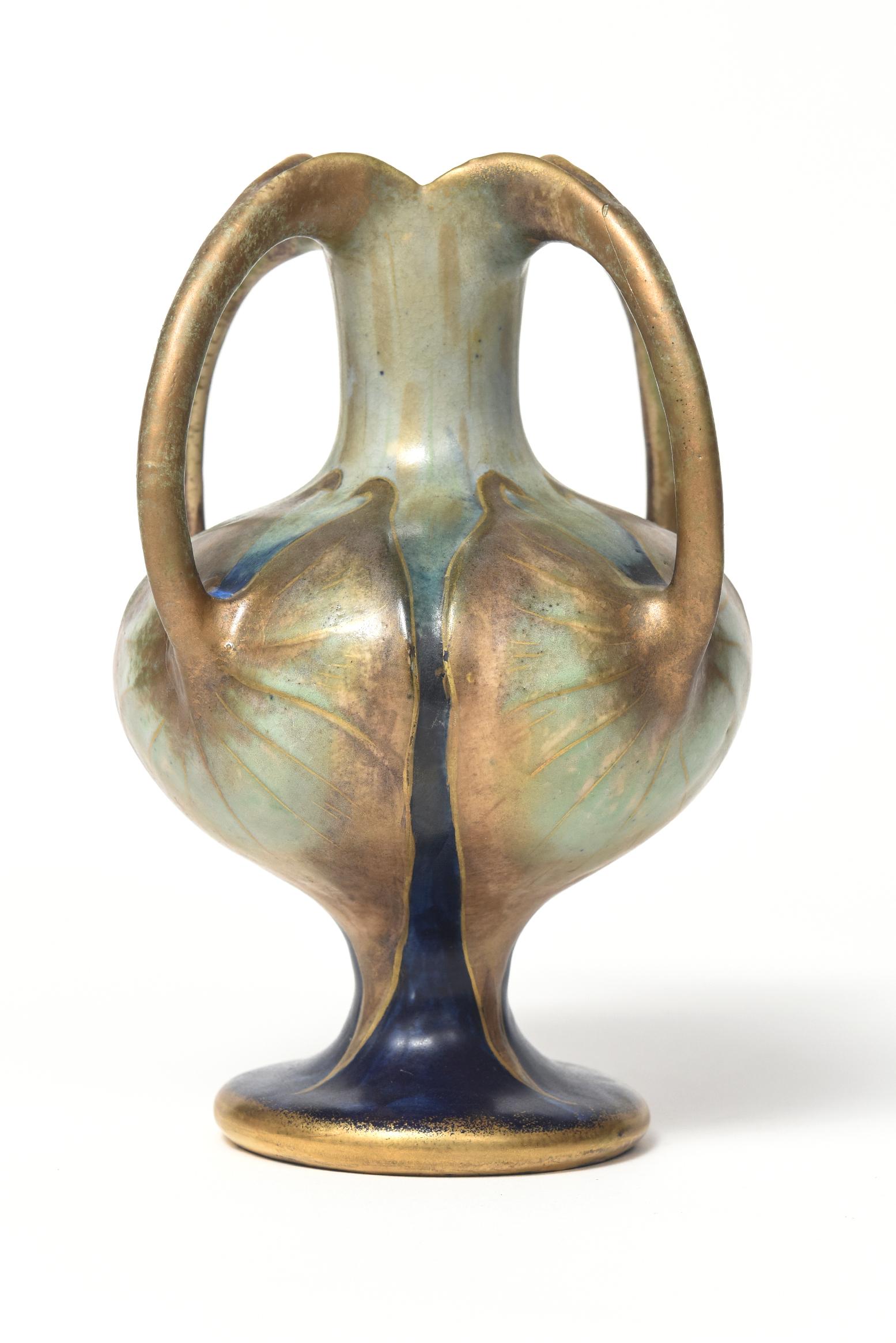 Austrian Paul Dachsel Amphora Art Nouveau Four Handle Lily Gold Blue Green Pottery Vase For Sale
