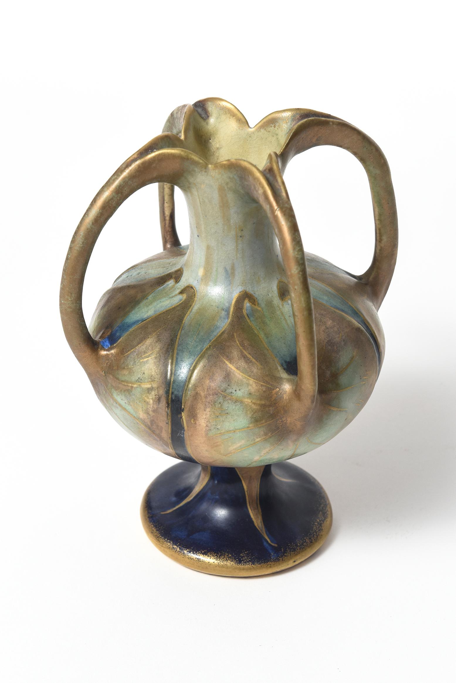 Paul Dachsel Amphora Art Nouveau Four Handle Lily Gold Blue Green Pottery Vase In Good Condition For Sale In Miami Beach, FL