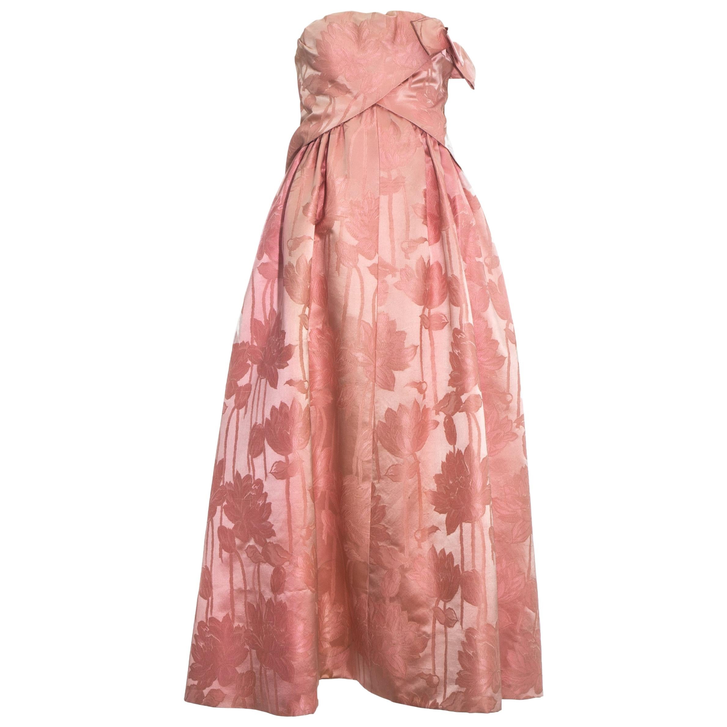 Paul Daunay couture pink silk brocade evening gown, c. 1960