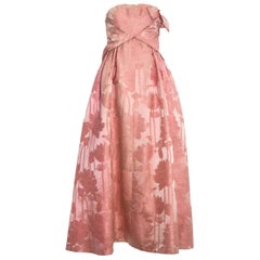 Antique Paul Daunay couture pink silk brocade evening gown, c. 1960