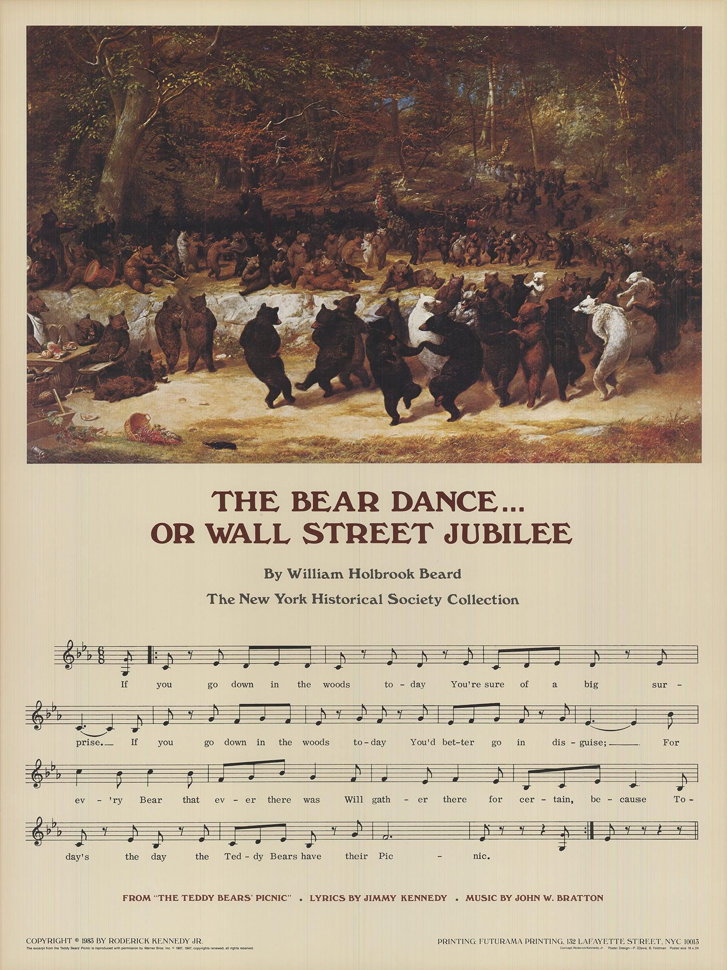 Paul Davis's 1983 offset lithograph, "The Bear Dance...Or Wall Street Jubilee II," measuring 24 x 18 inches, offers a satirical commentary on the financial markets. The term "bear" in finance denotes a market downturn, and Davis's depiction of bears